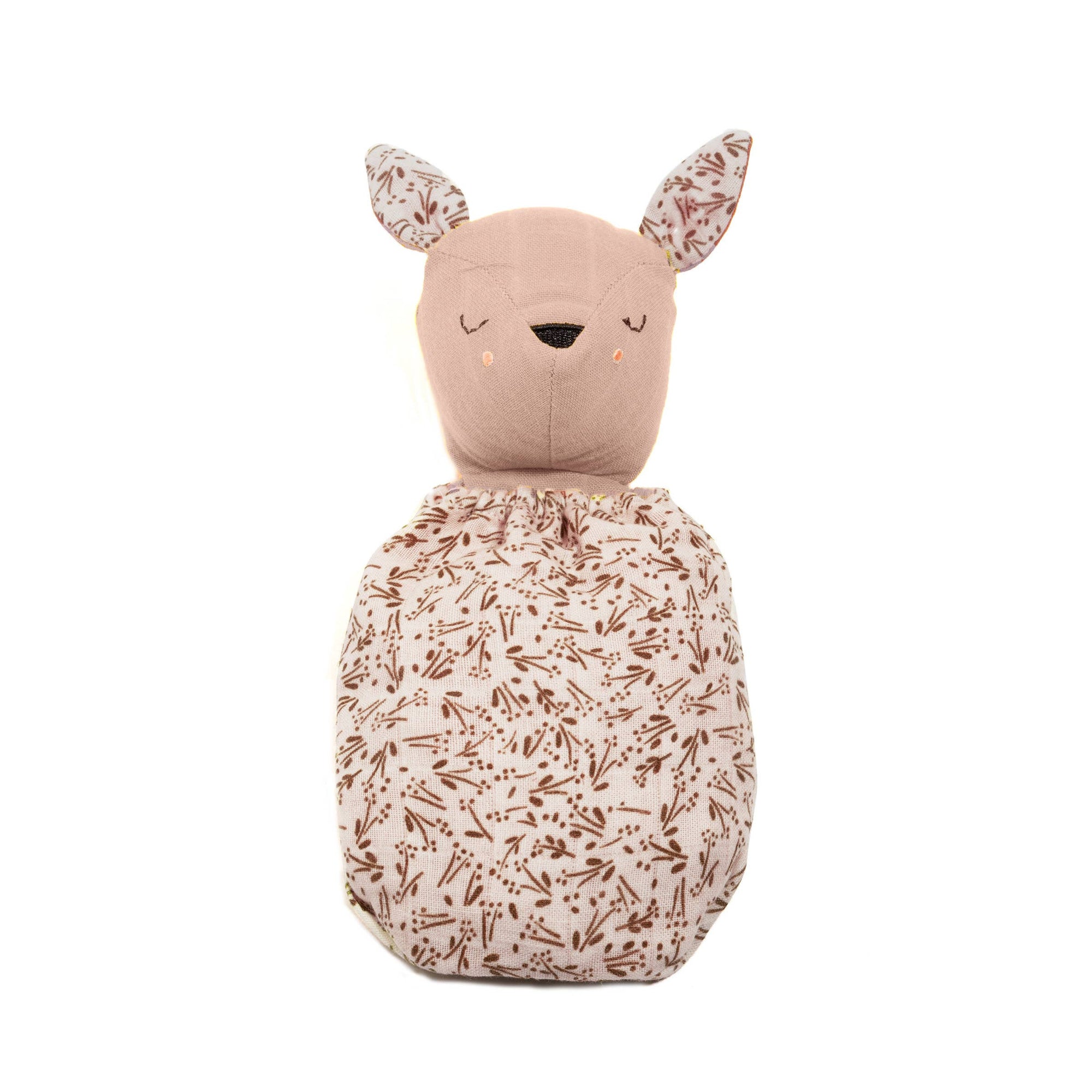 Stuffed animal toy with floral pattern on a white background