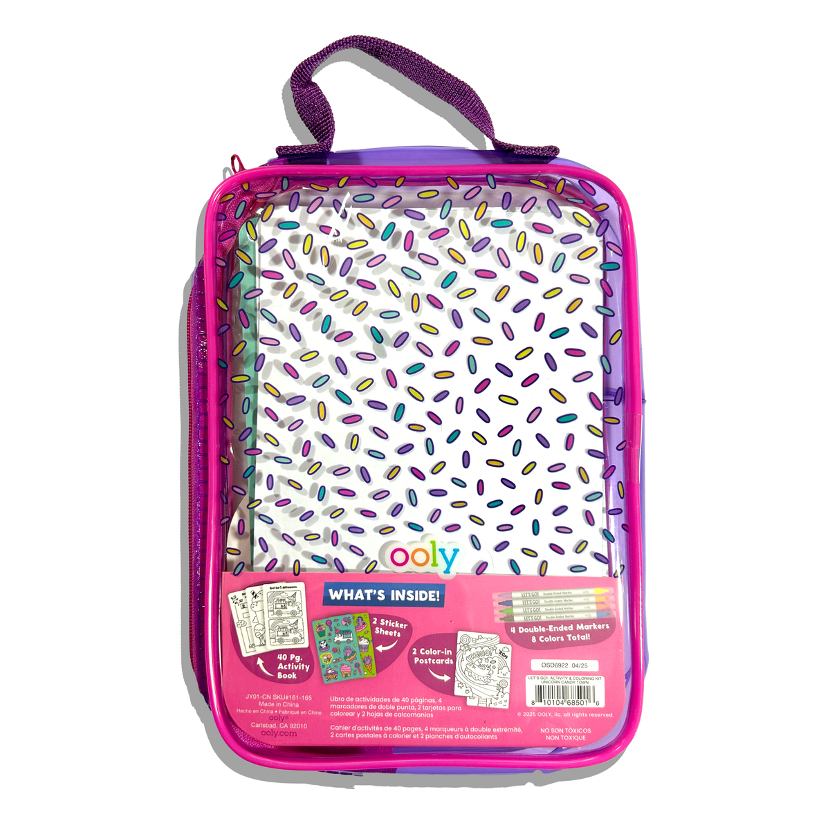 Pink and purple activity kit with colorful sprinkles on a white background