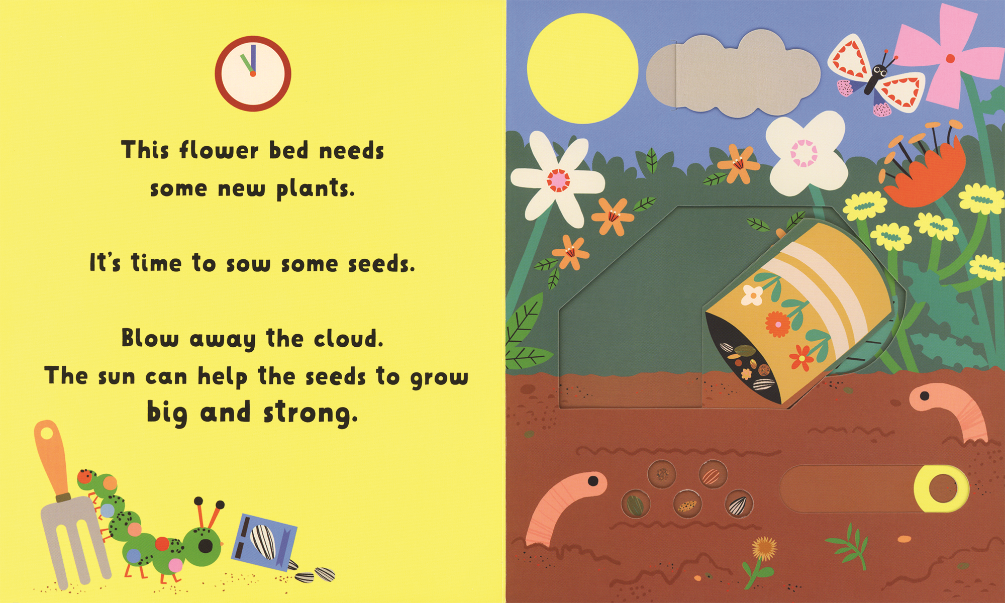 Illustrated children's book page with a flower bed and gardening elements.