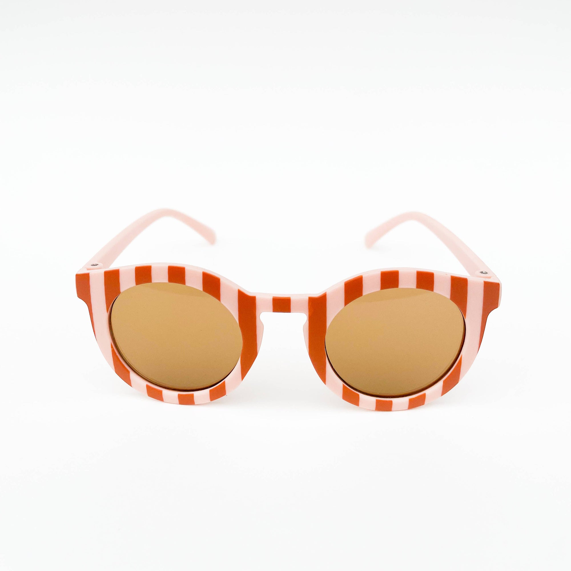 Sunglasses with red and white striped frame on a white background