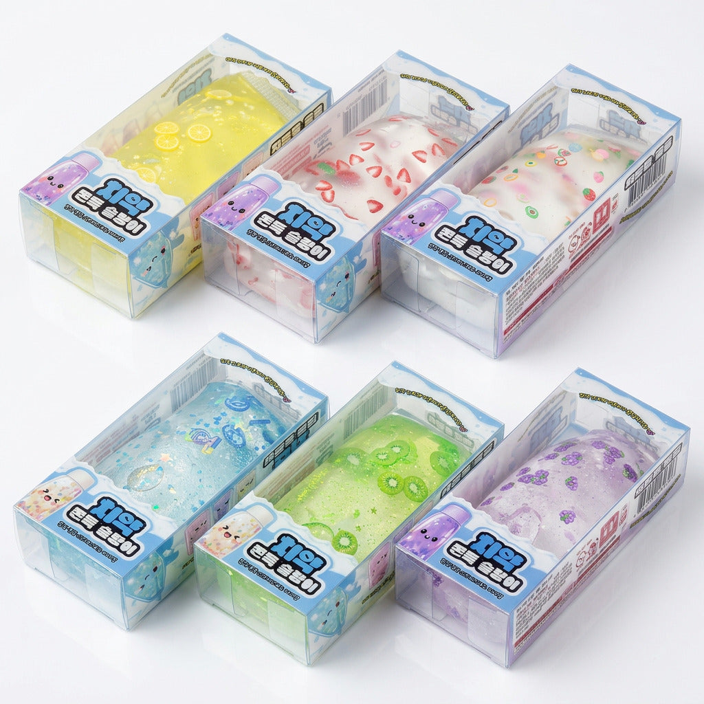 Six packaged translucent slime squishies in assorted pastel colors, arranged on a white background. Each item is in a clear plastic box with a printed blue-and-white label and Korean text.