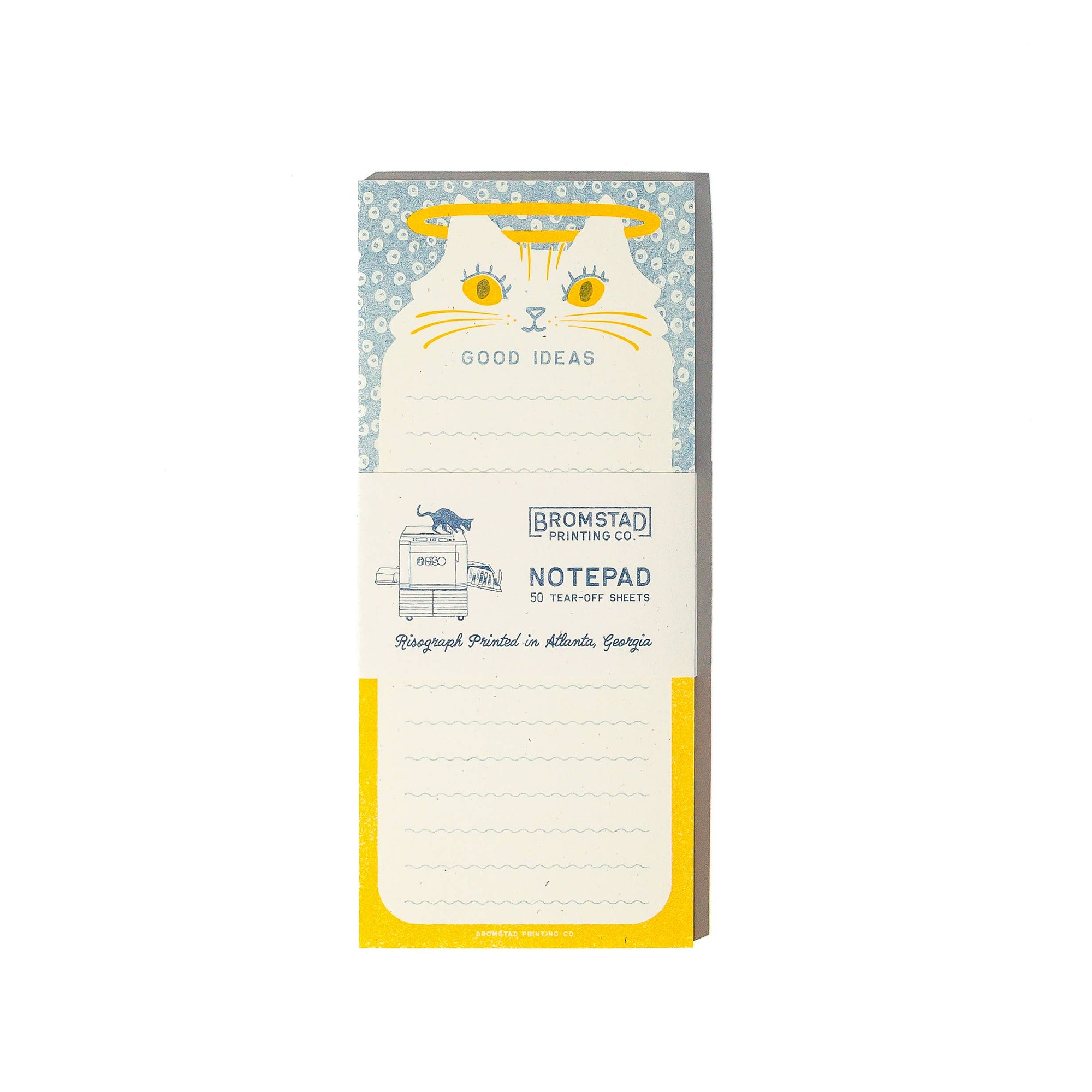 Notepad with cat illustration and 'Good Ideas' text on a white background