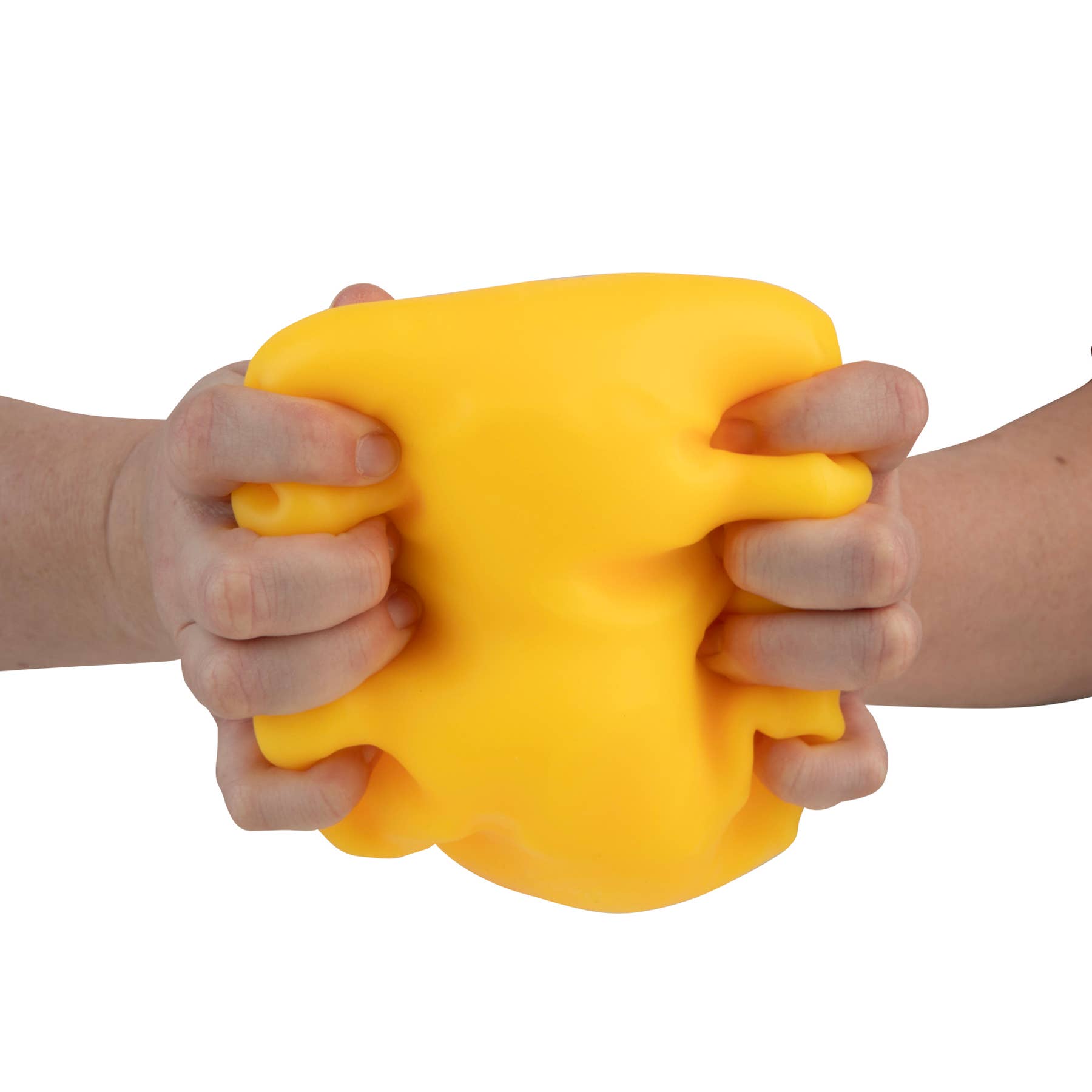 Two hands squeezing a yellow stress ball against a white background