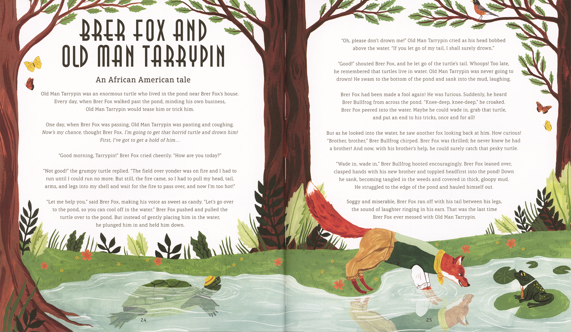 Illustrated book open to a page about 'Brer Fox and Old Man Tarrypin' with a fox and other animals by a stream.