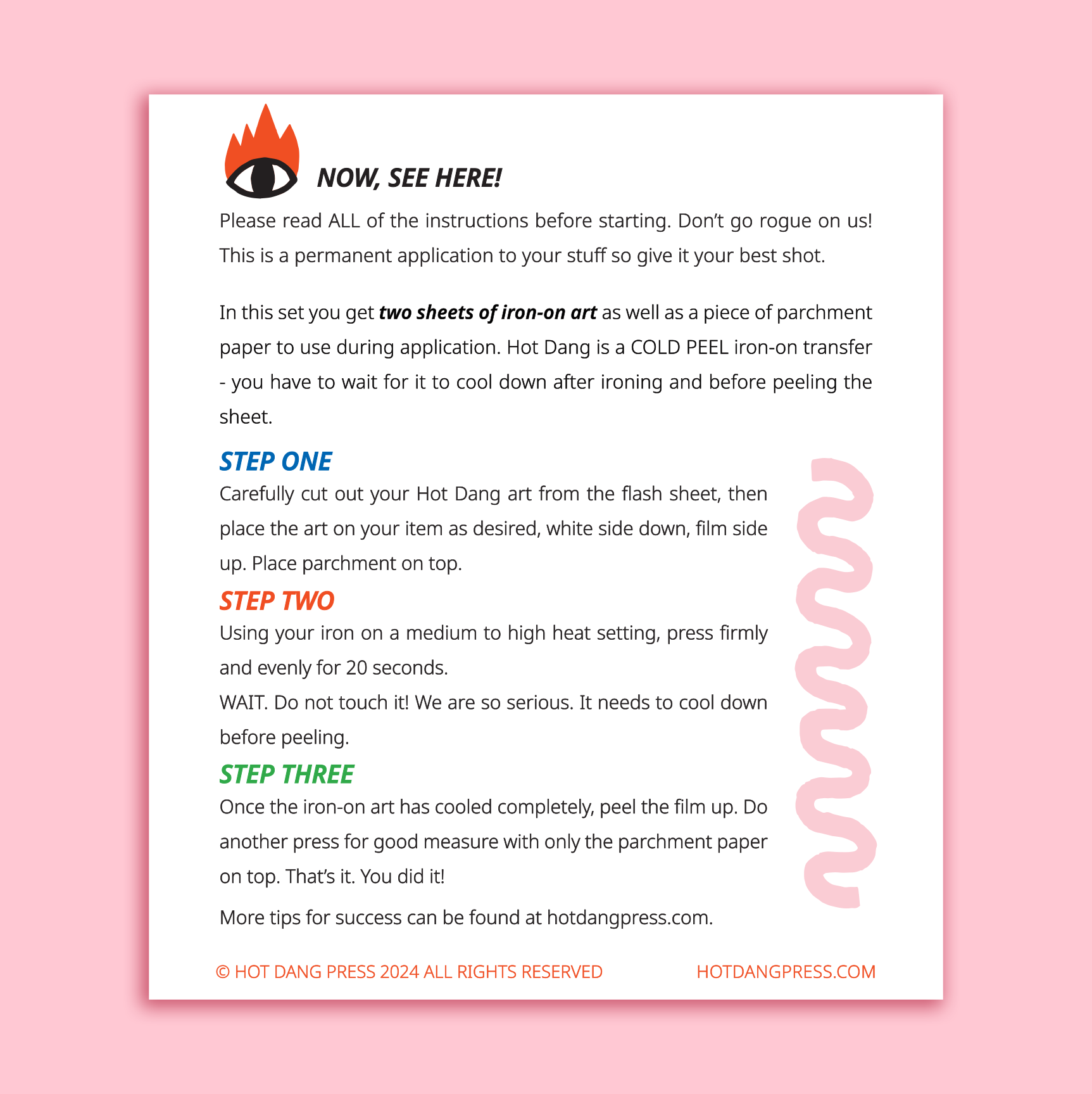 Instructions sheet for iron-on application on a pink background