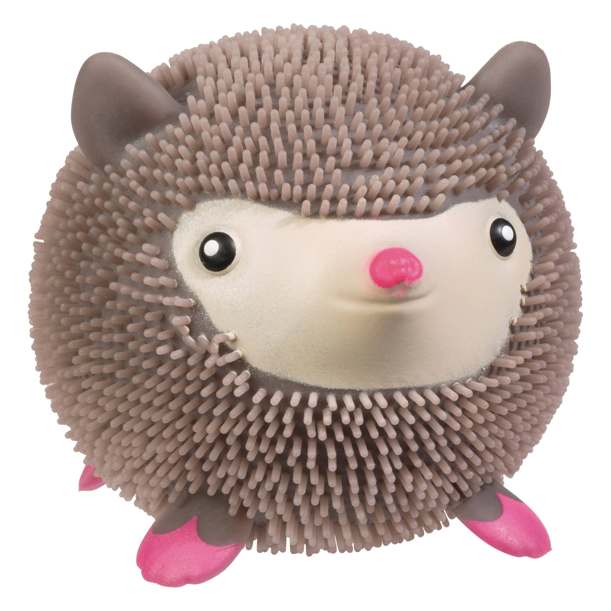 Plush hedgehog toy with brown spines, pink paws, and a white face on a white background