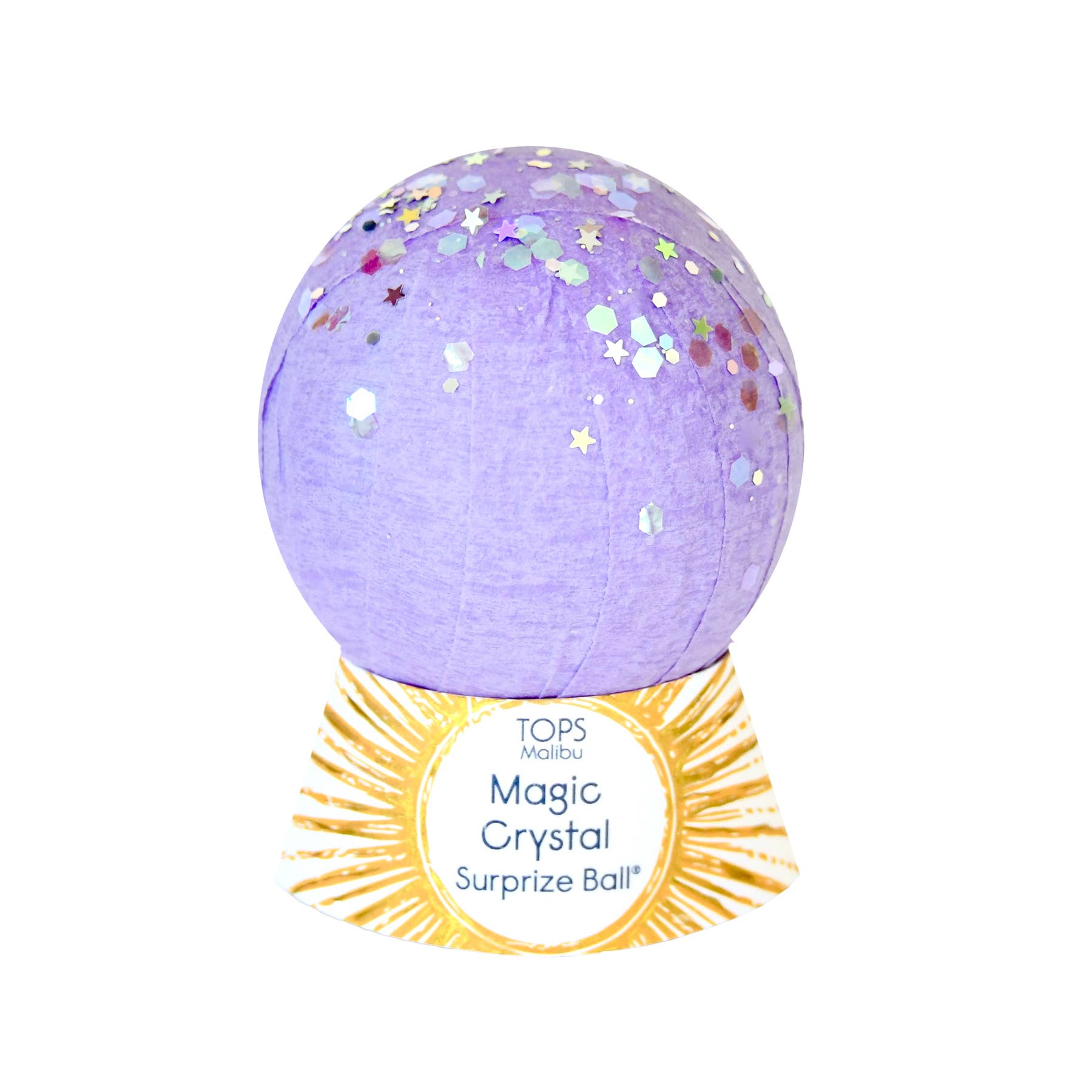 A purple surprise ball with multicolor star and hexagon confetti, displayed on a gold-colored circular stand with the text 'TOPS Magic Magic Crystal Surprise Ball'.