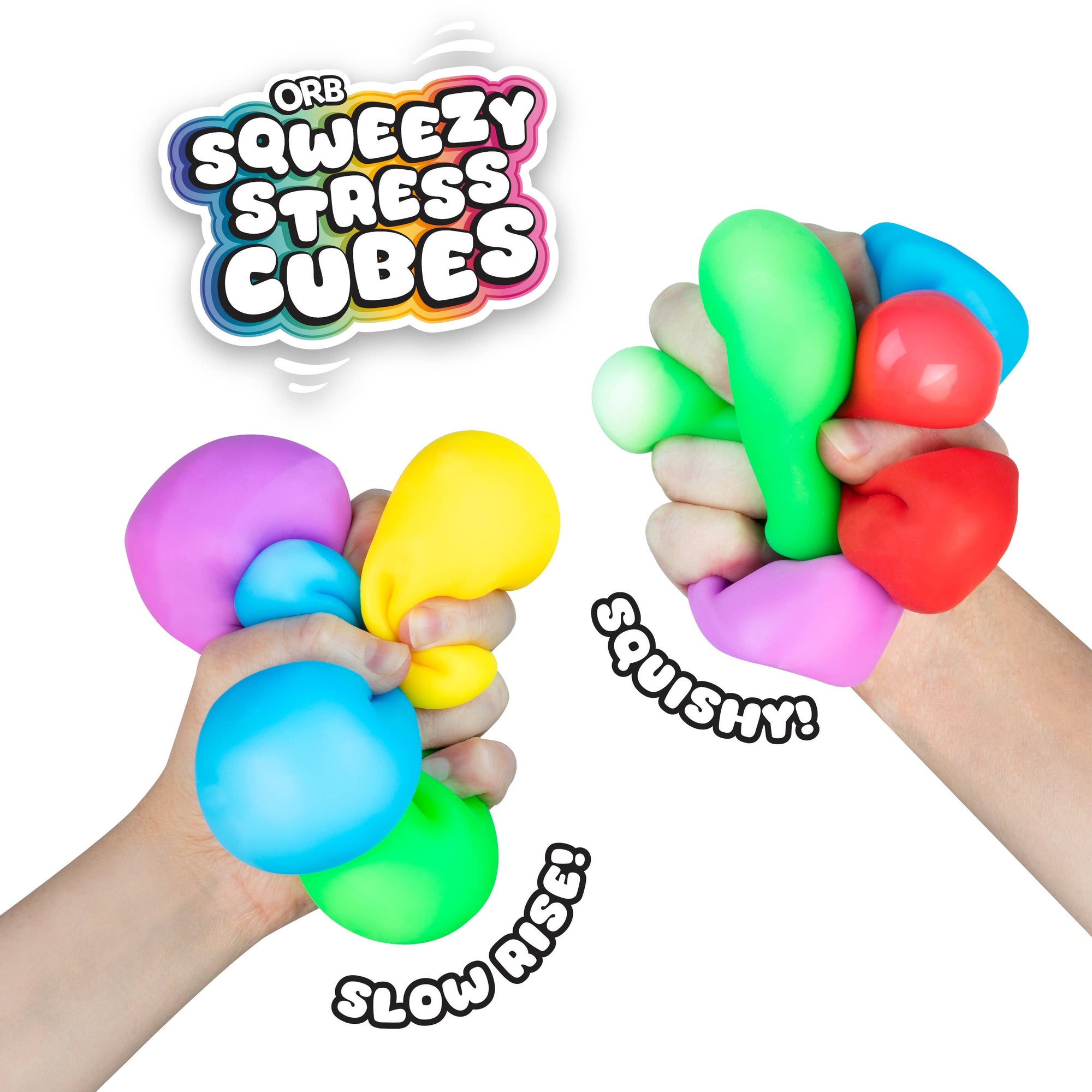 Colorful stress cubes being squeezed by hands with 'Orb Sweezy Stress Cubes' branding.