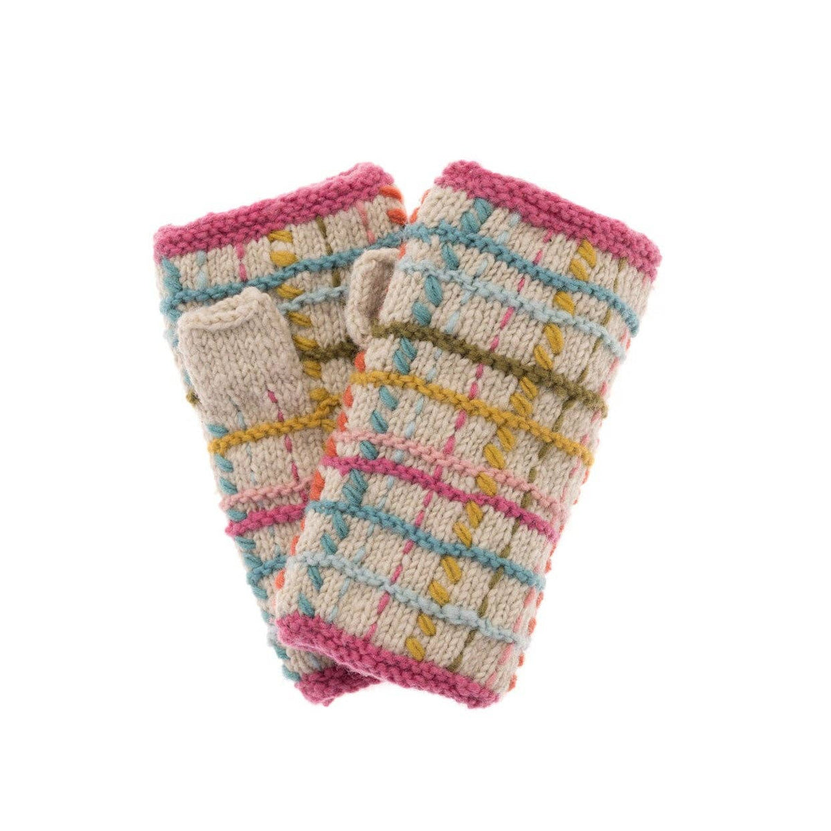 A pair of hand-knit arm warmers featuring a multicolor plaid pattern with pink, light blue, mustard yellow, and beige yarn, shown on a plain white background.