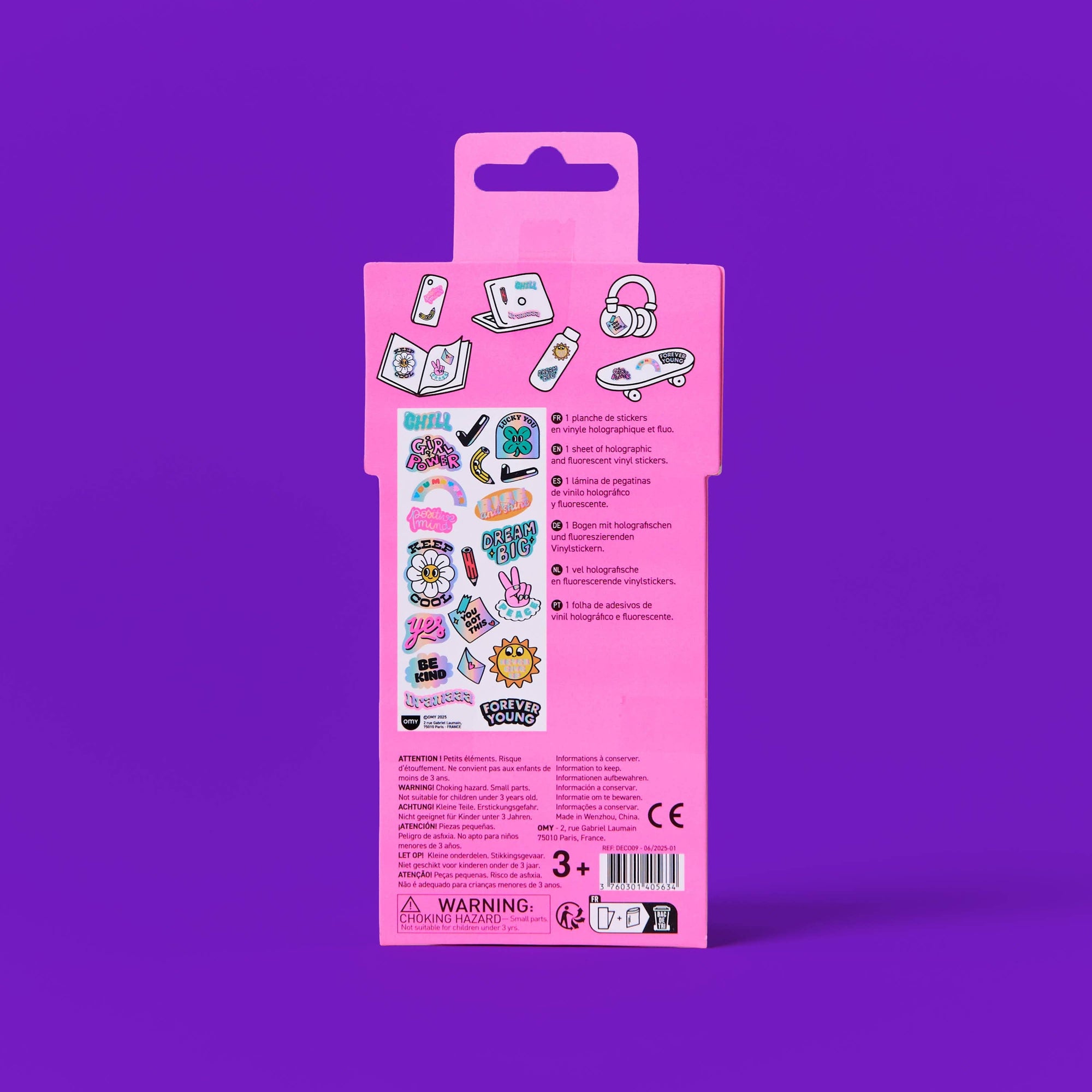 Pink packaging of stickers with various designs on a purple background
