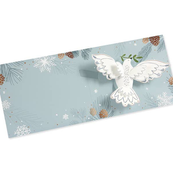 Decorative envelope with a white dove and winter-themed design on a light blue background