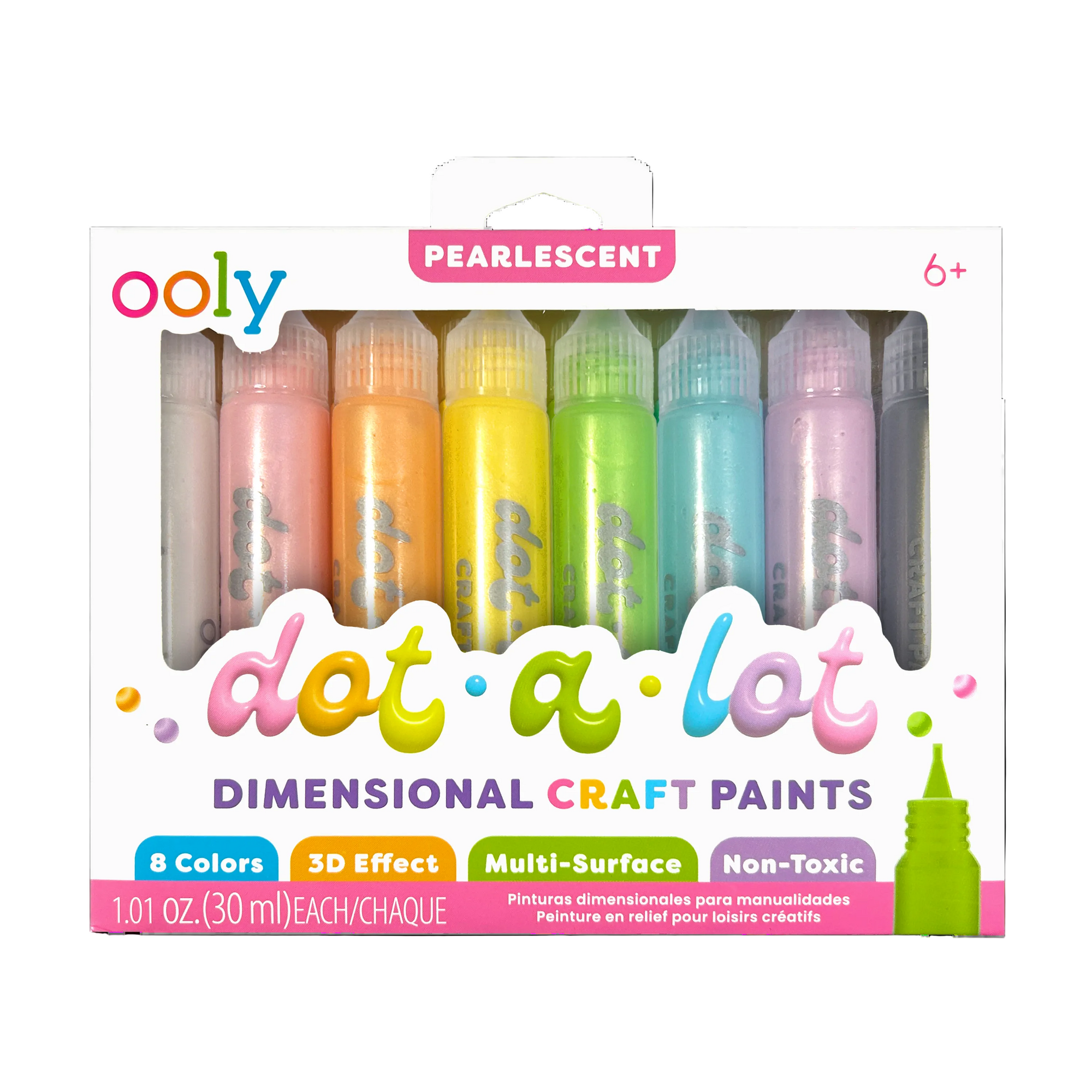 Set of Ooly dot-a-lot dimensional craft paints in pearlescent finish on a white background