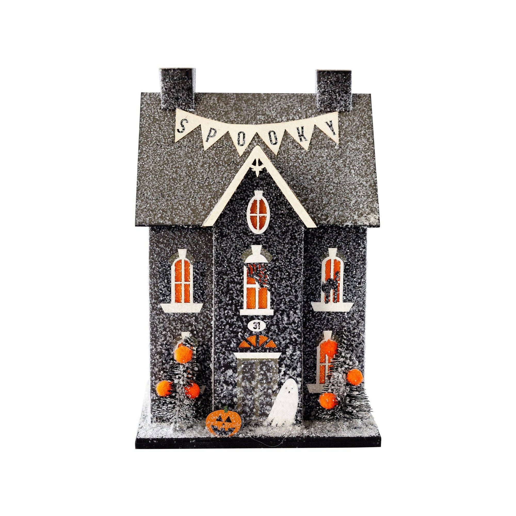Halloween-themed decorative house with ghosts, pumpkins, and a 'Spooky' banner on a white background.