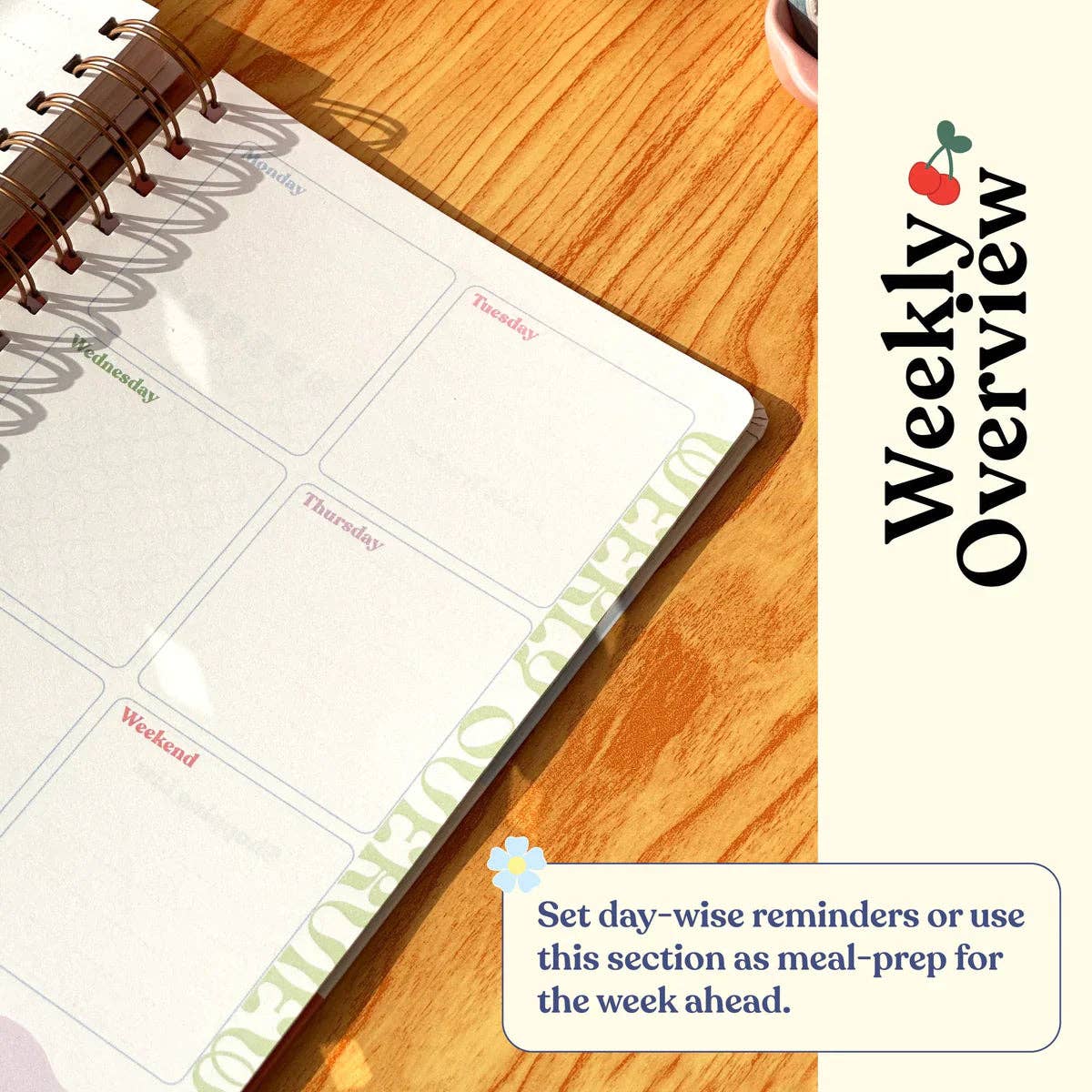 Weekly overview planner on a wooden surface with text overlay.