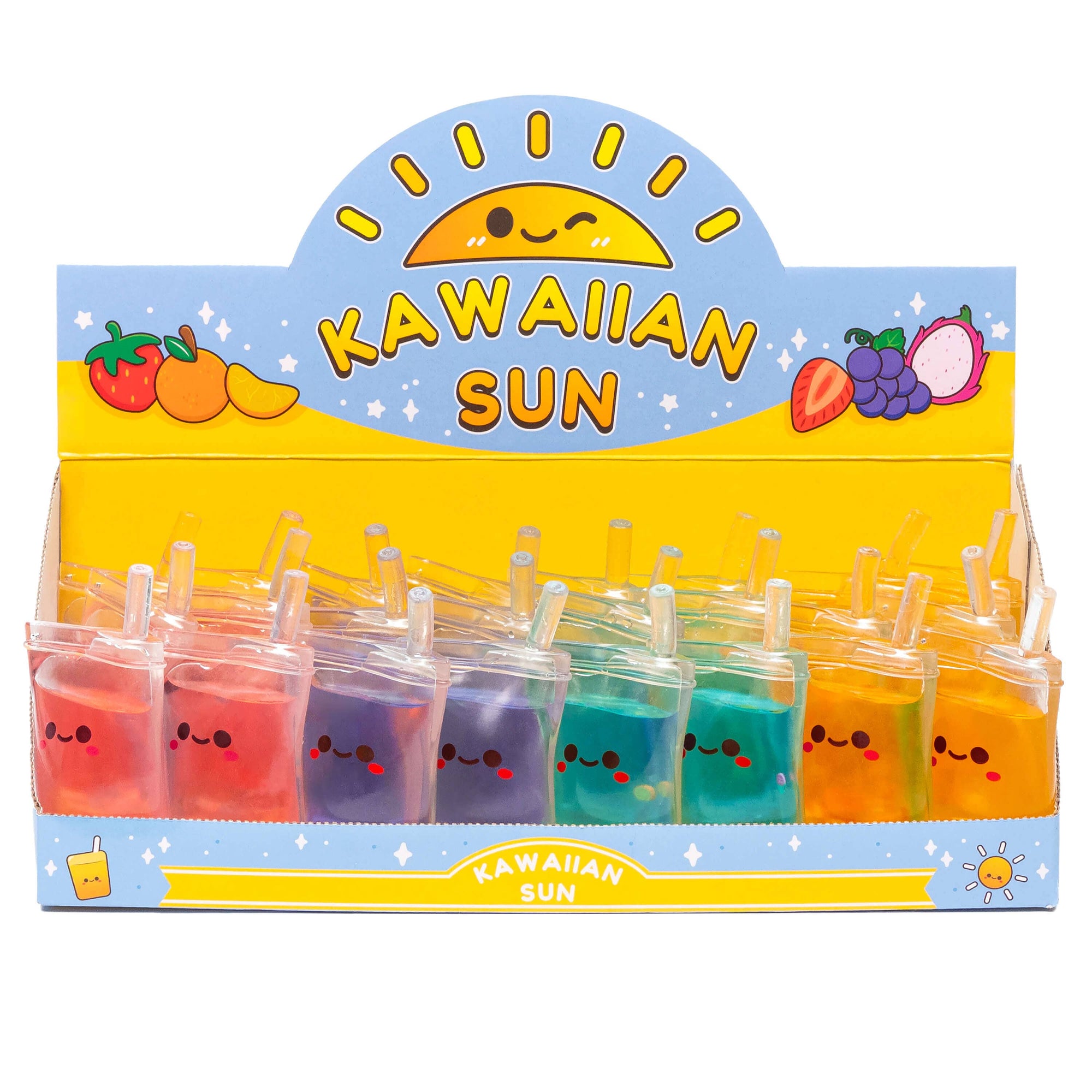 Display of colorful drinks with smiling faces in a 'Kawaiian Sun' branded holder.
