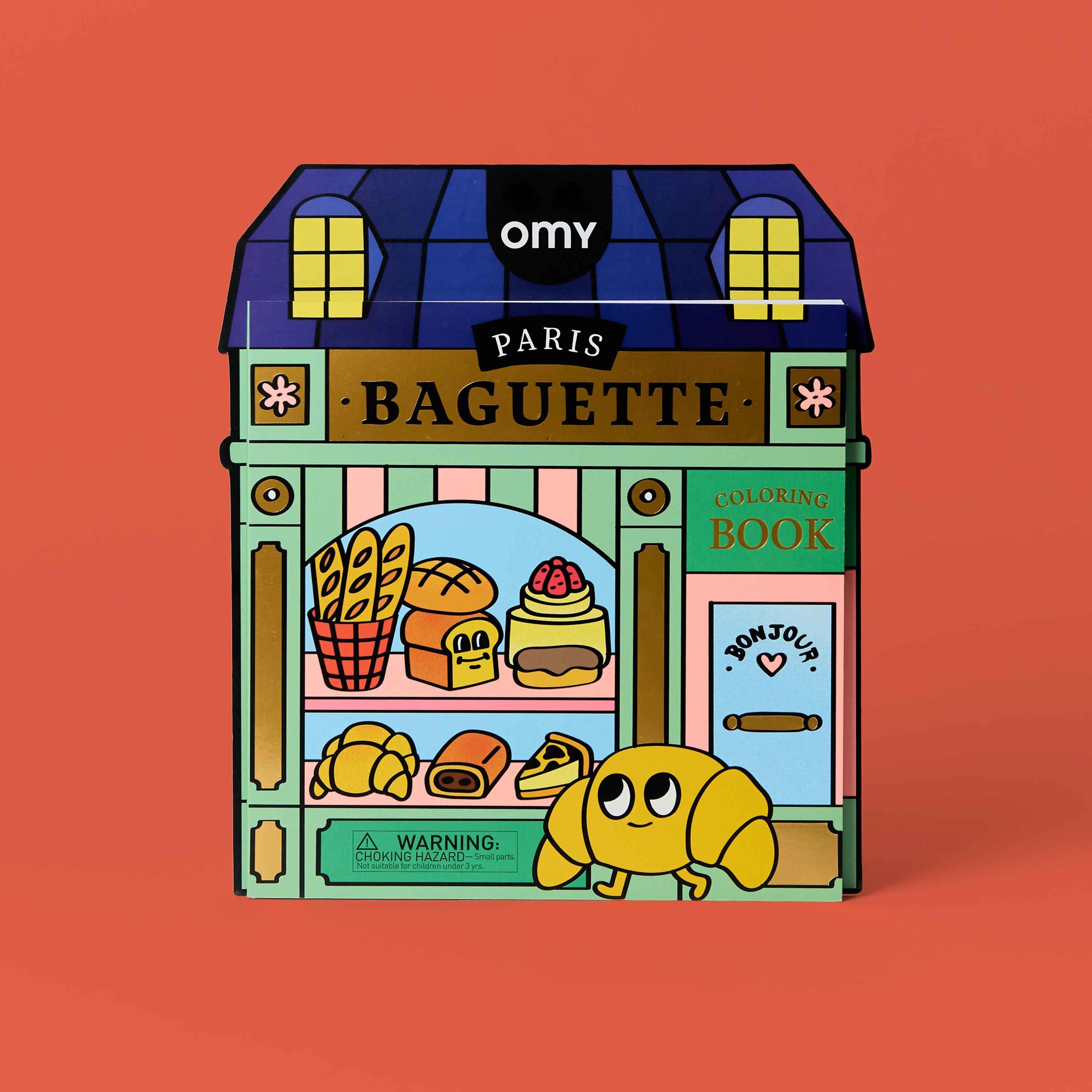 Illustrated book cover of 'Paris Baguette' coloring book with a cartoon baguette character on an orange background.