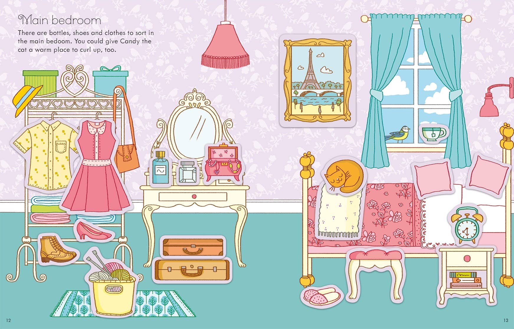 Illustration of a bedroom with furniture and items on a light purple wall.
