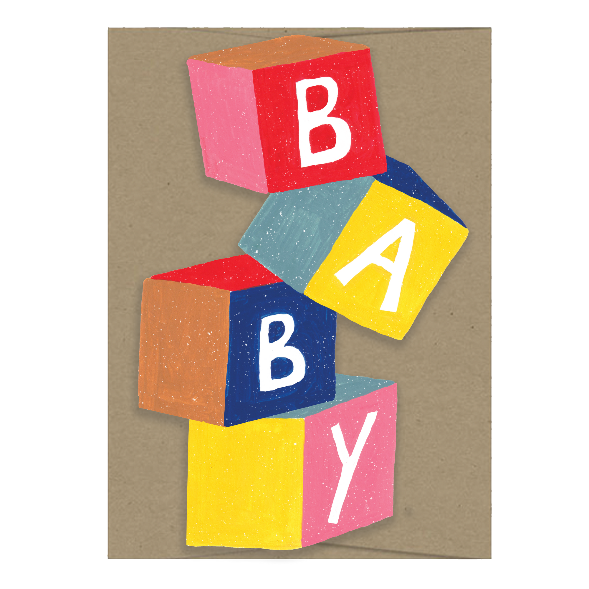 Colorful baby blocks spelling 'BABY' on a brown card