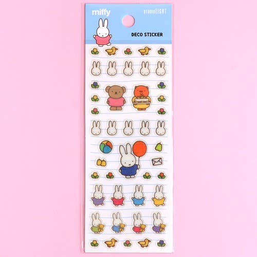 Sheet of cartoon character stickers with a pink and purple gradient background