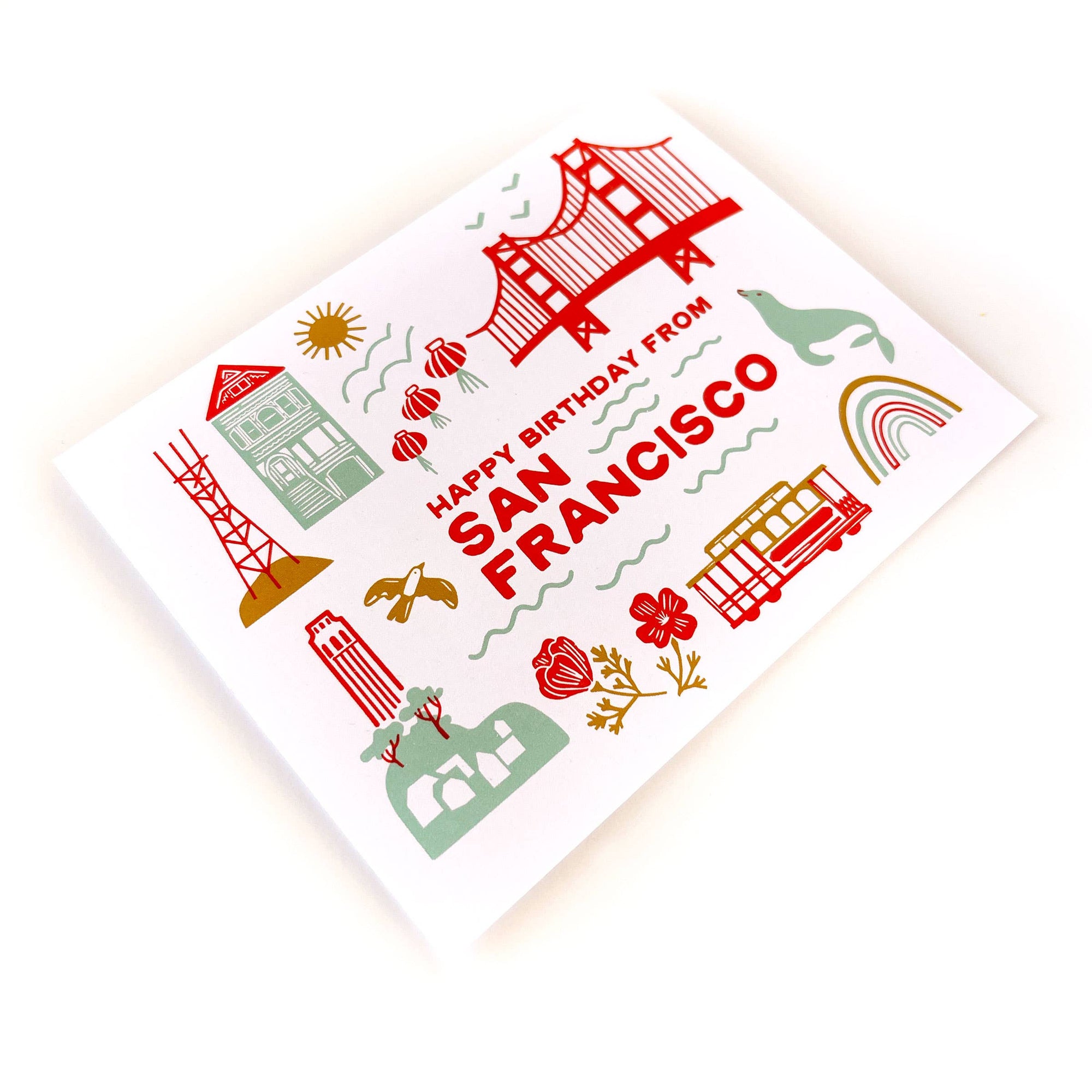 Greeting card with San Francisco-themed illustrations and text on a white background