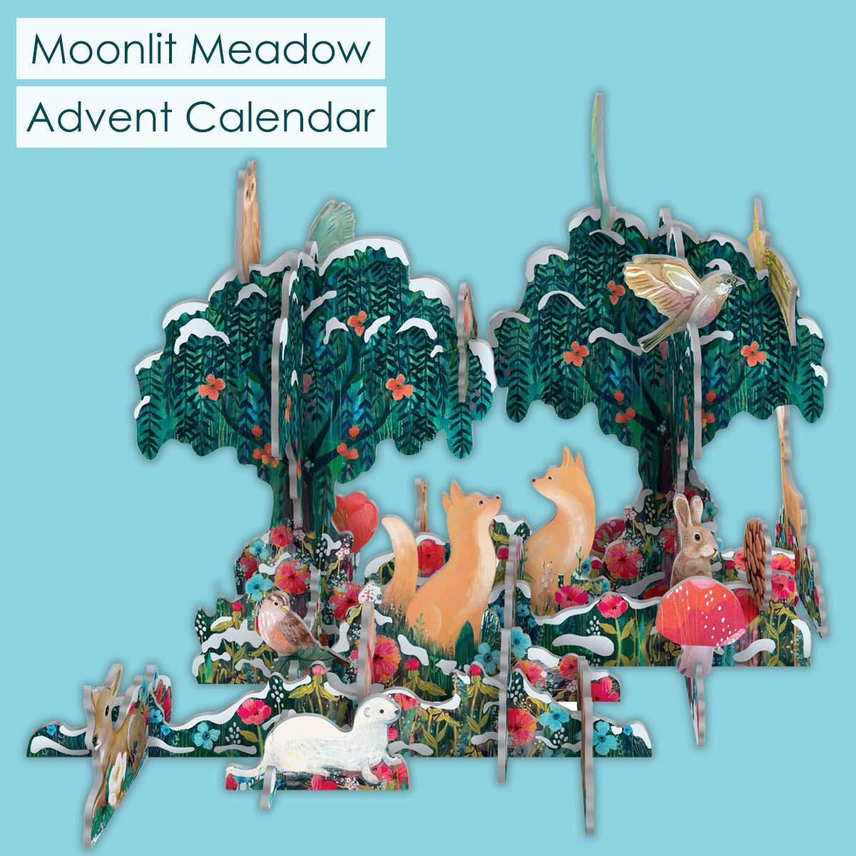 Wooden advent calendar with animal figures and trees on a blue background