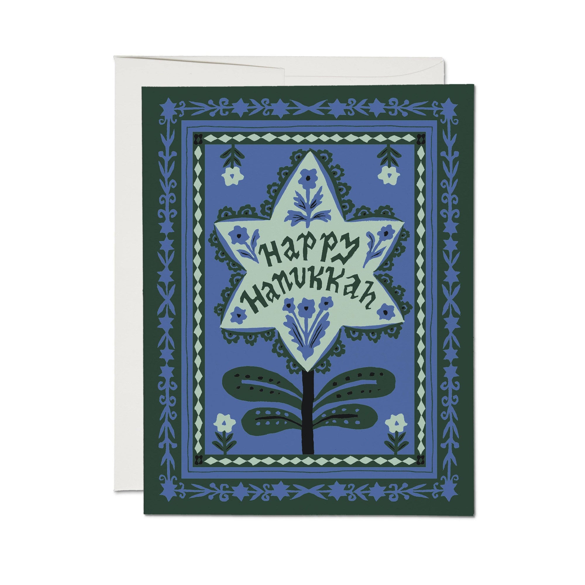 Greeting card with star design and 'Happy Hanukkah' text on a blue background