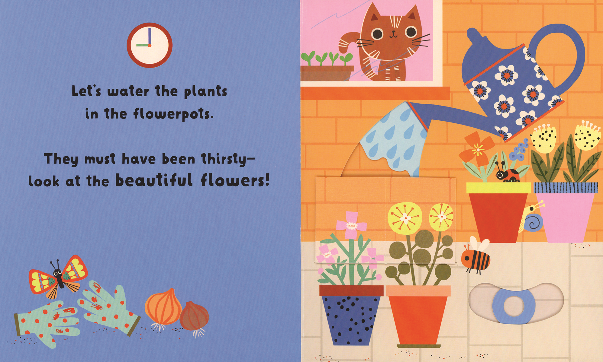 Illustrated page from a children's book showing a cat watering plants with a teapot.