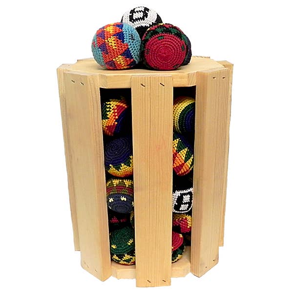 Wooden hexagonal organizer with colorful crochet balls on a white background
