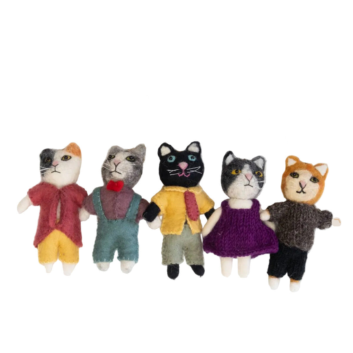 Five felt cat ornaments dressed in colorful clothing on a white background