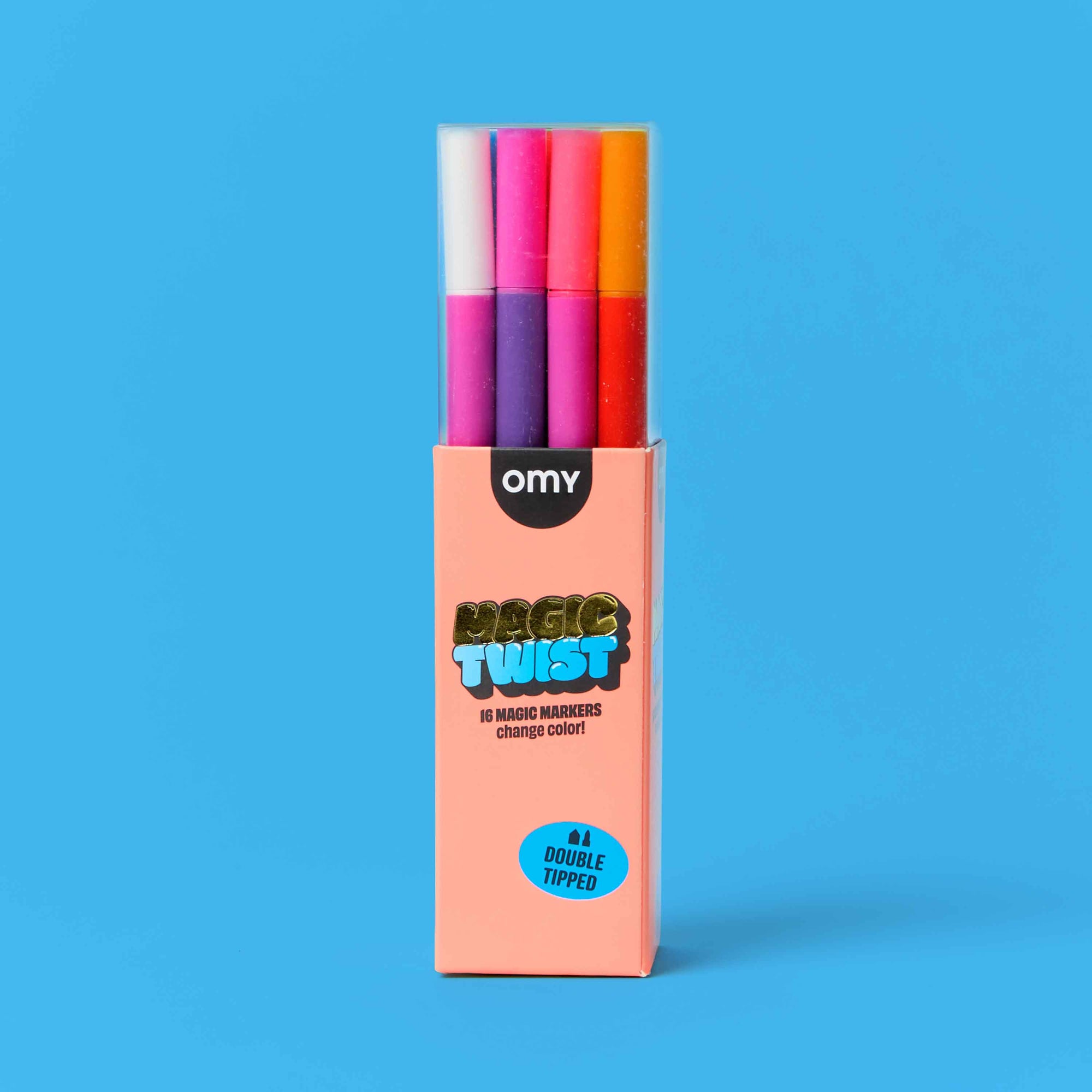 Pack of colorful magic markers with 'omy' branding on a blue background