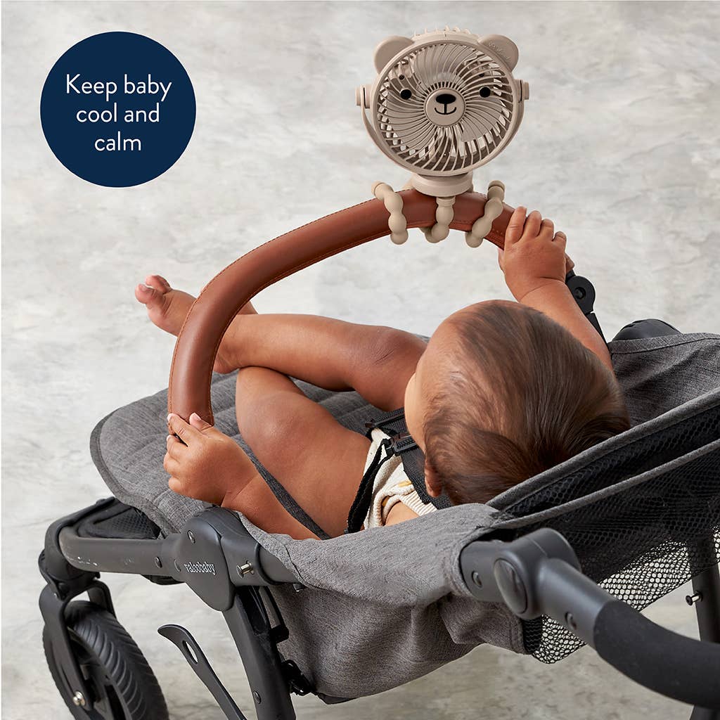 Baby in a stroller with a fan attached, text 'Keep baby cool and calm'.