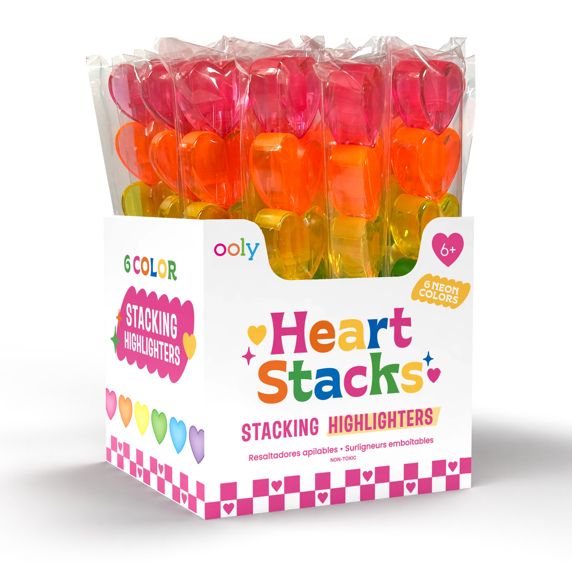 Packaged heart-shaped highlighting markers with 'ooly' branding on a white background