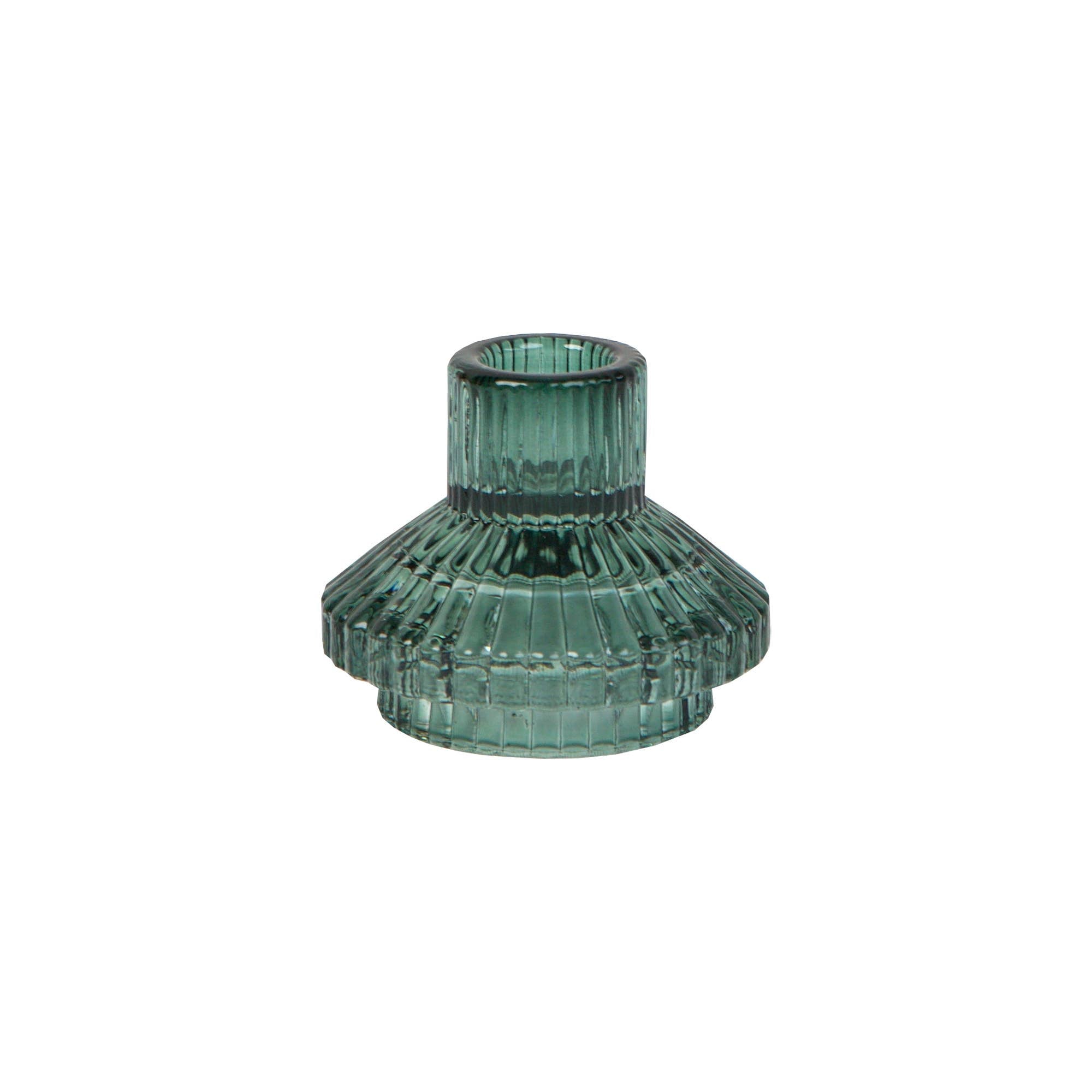 Green glass candle holder on a white background