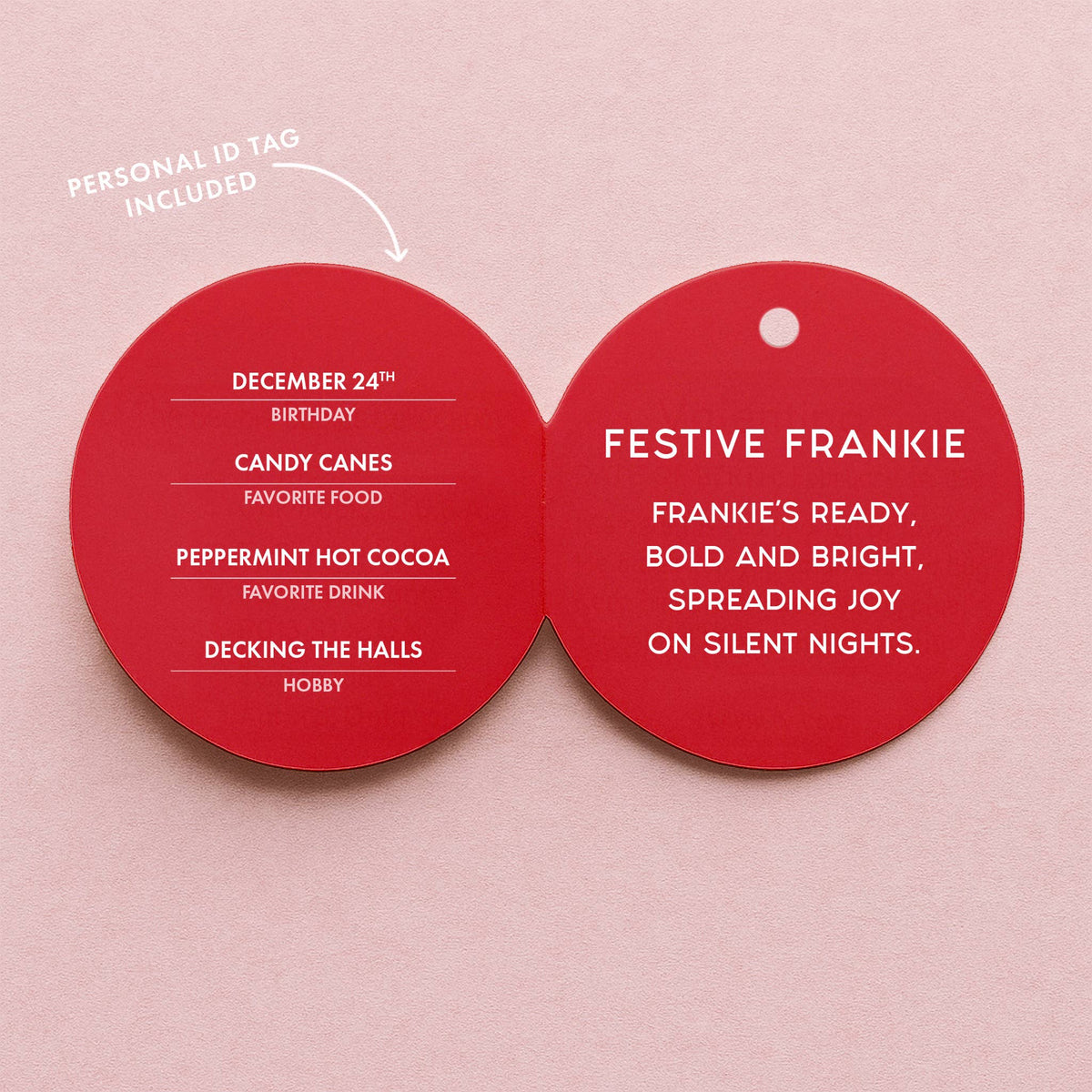 Two red tags with text on a pink background