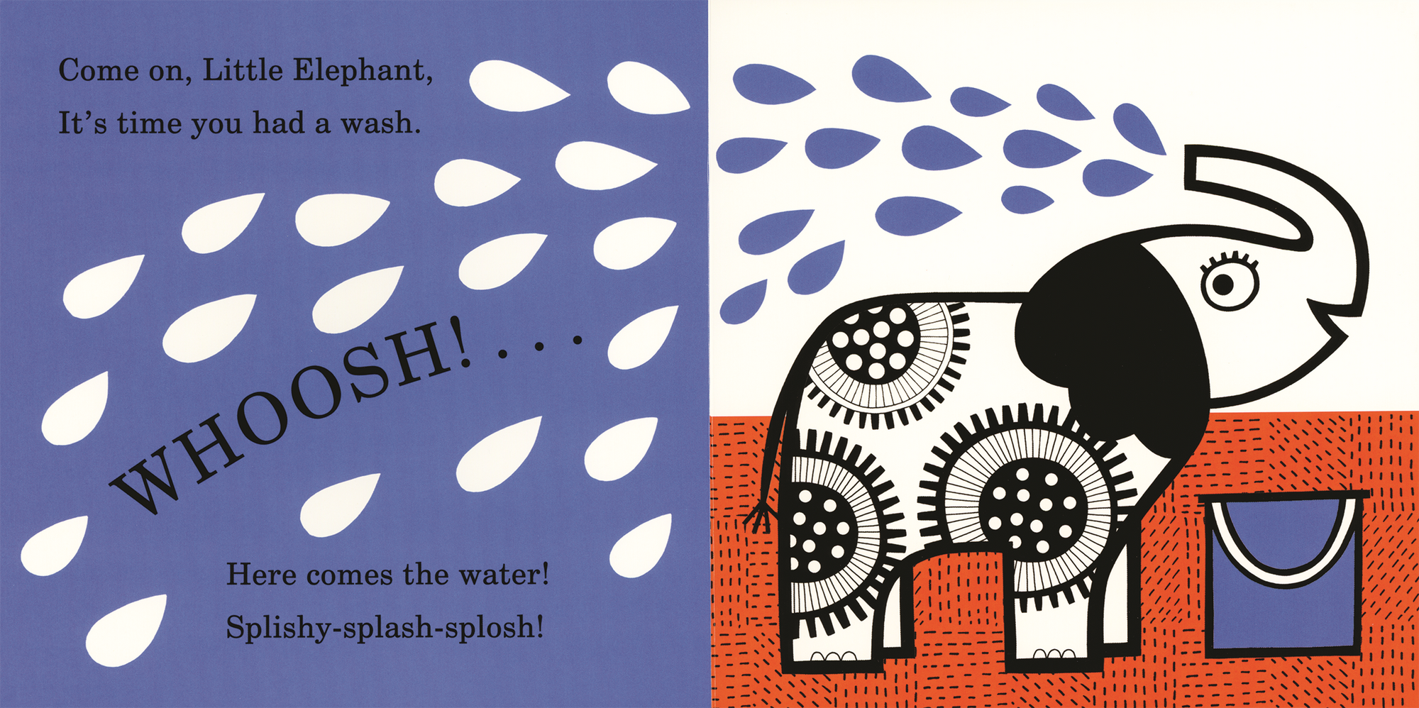 Illustration of an elephant with water droplets and text on a blue and orange background