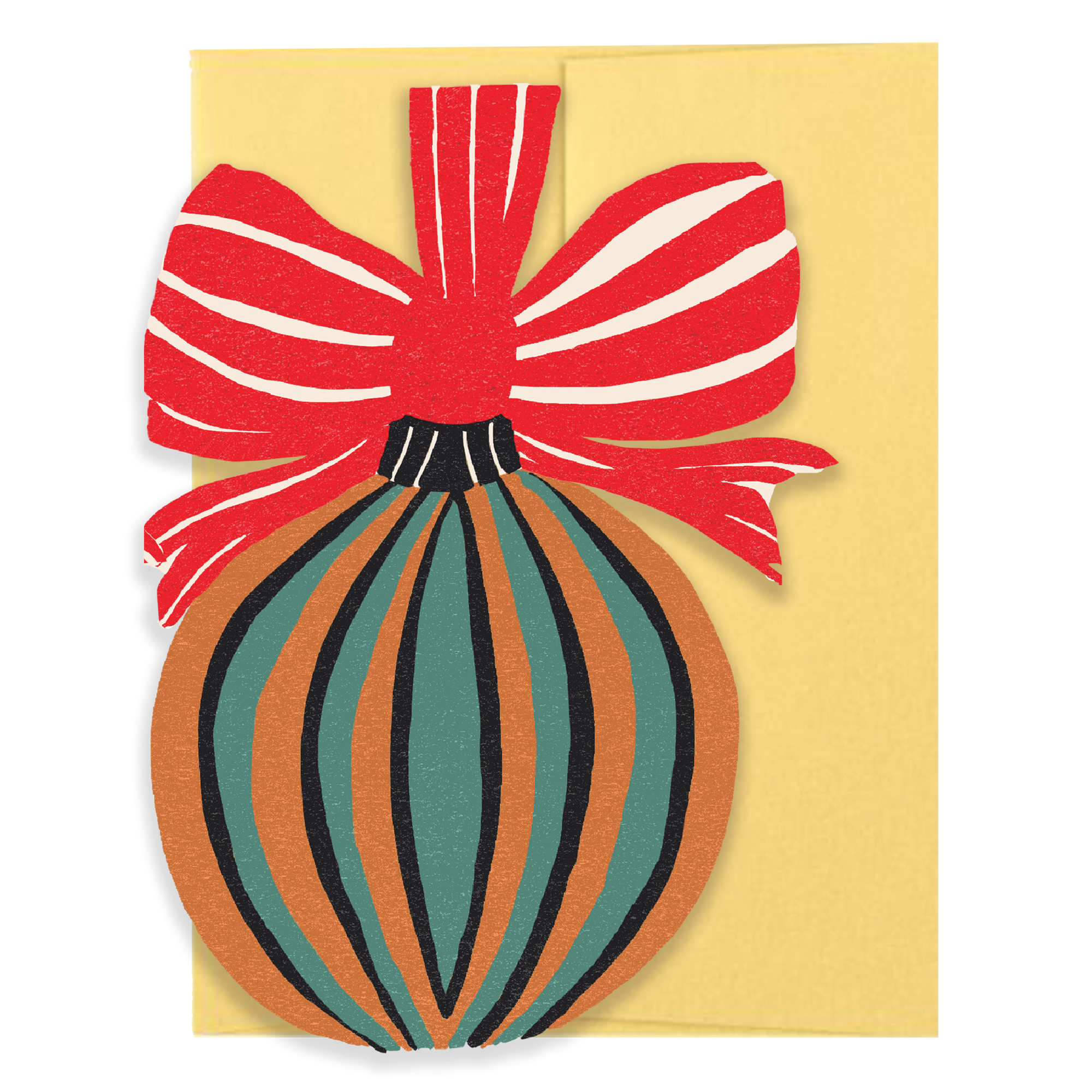 Card with a red bow and striped ball design on a yellow background