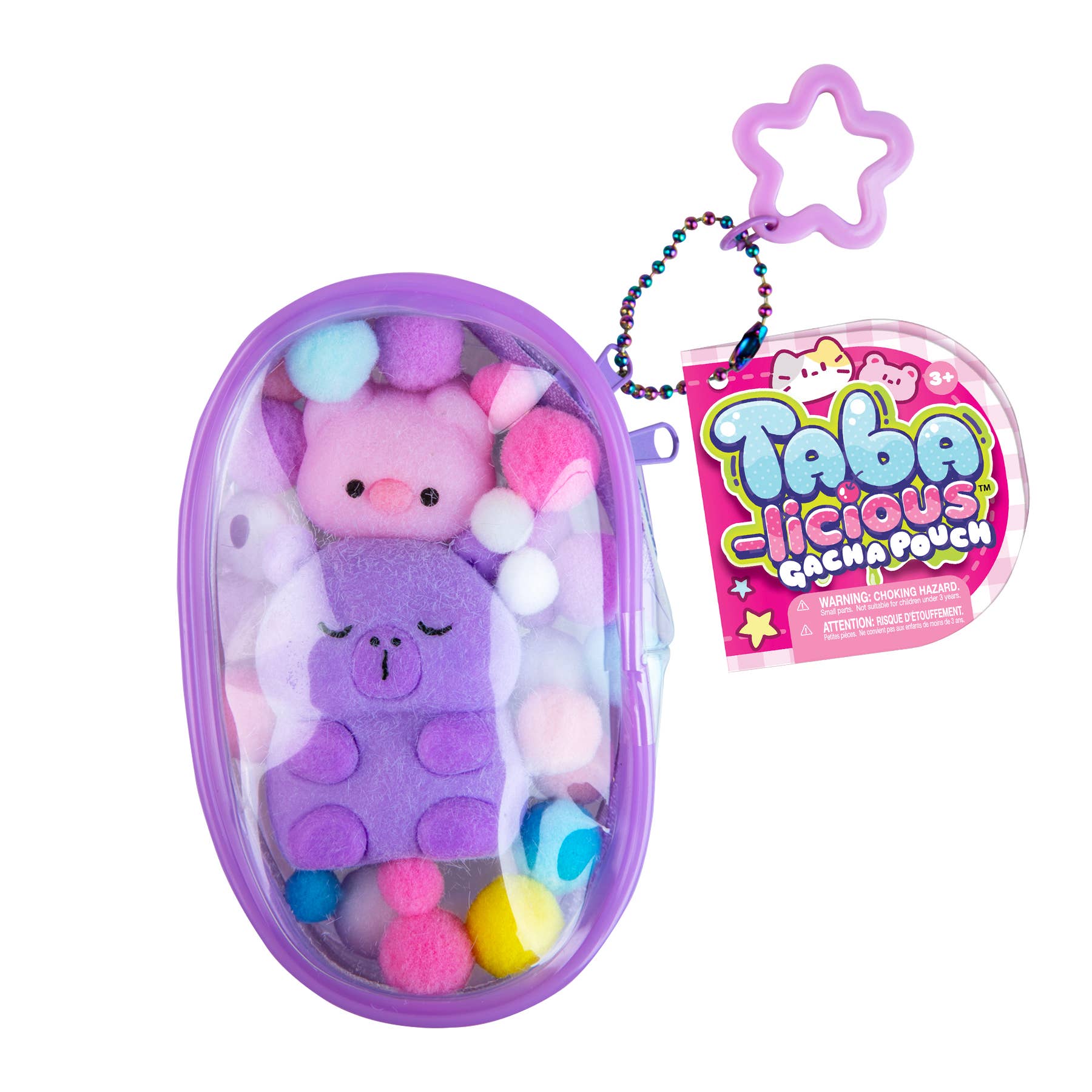 Purple plush toy with pom-poms in a purple pouch next to a 'Taba Licious' packaging on a white background