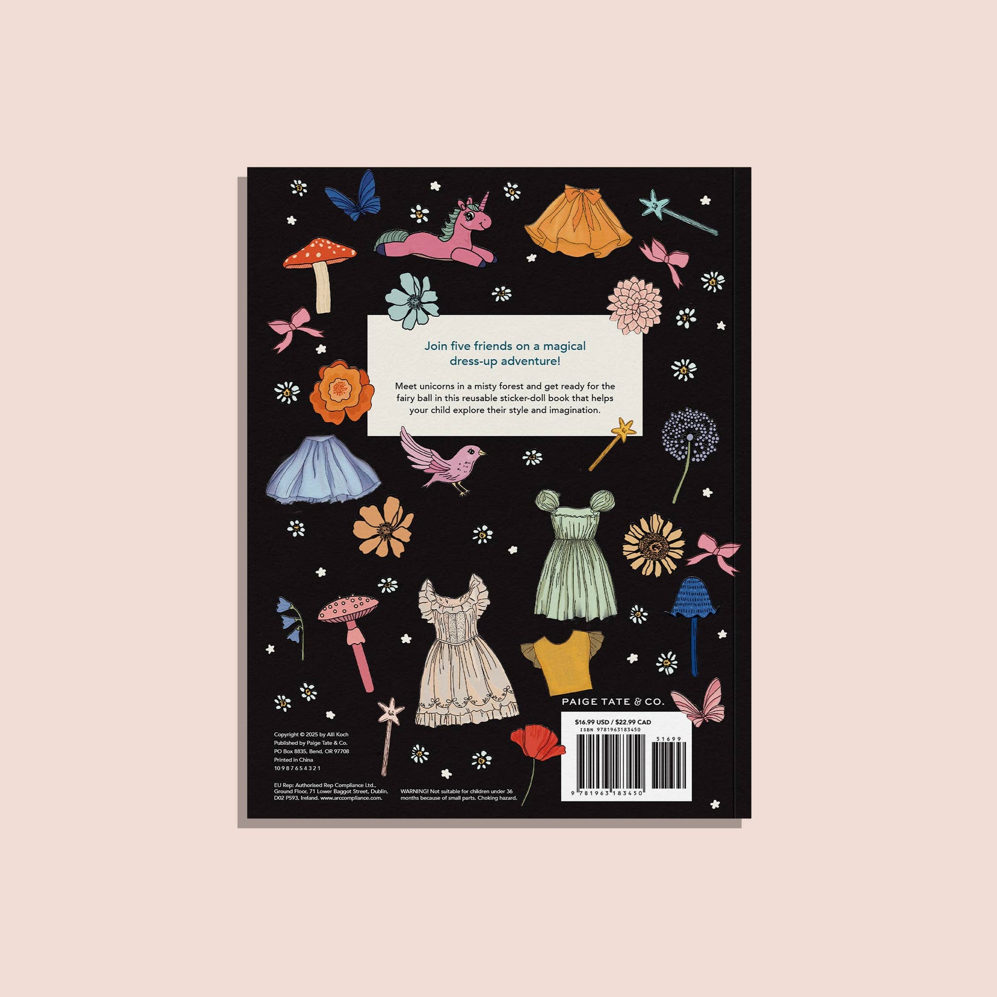 Bookback with colorful illustrations of dresses, flowers, and other elements on a black background