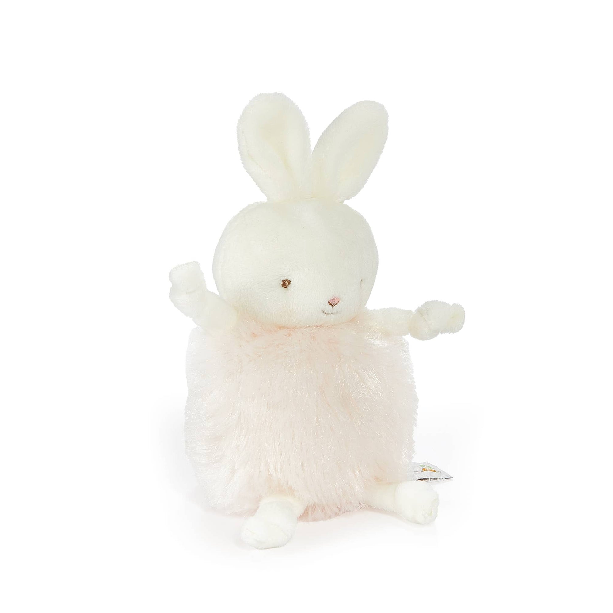 White plush bunny toy with a pink heart on a white background