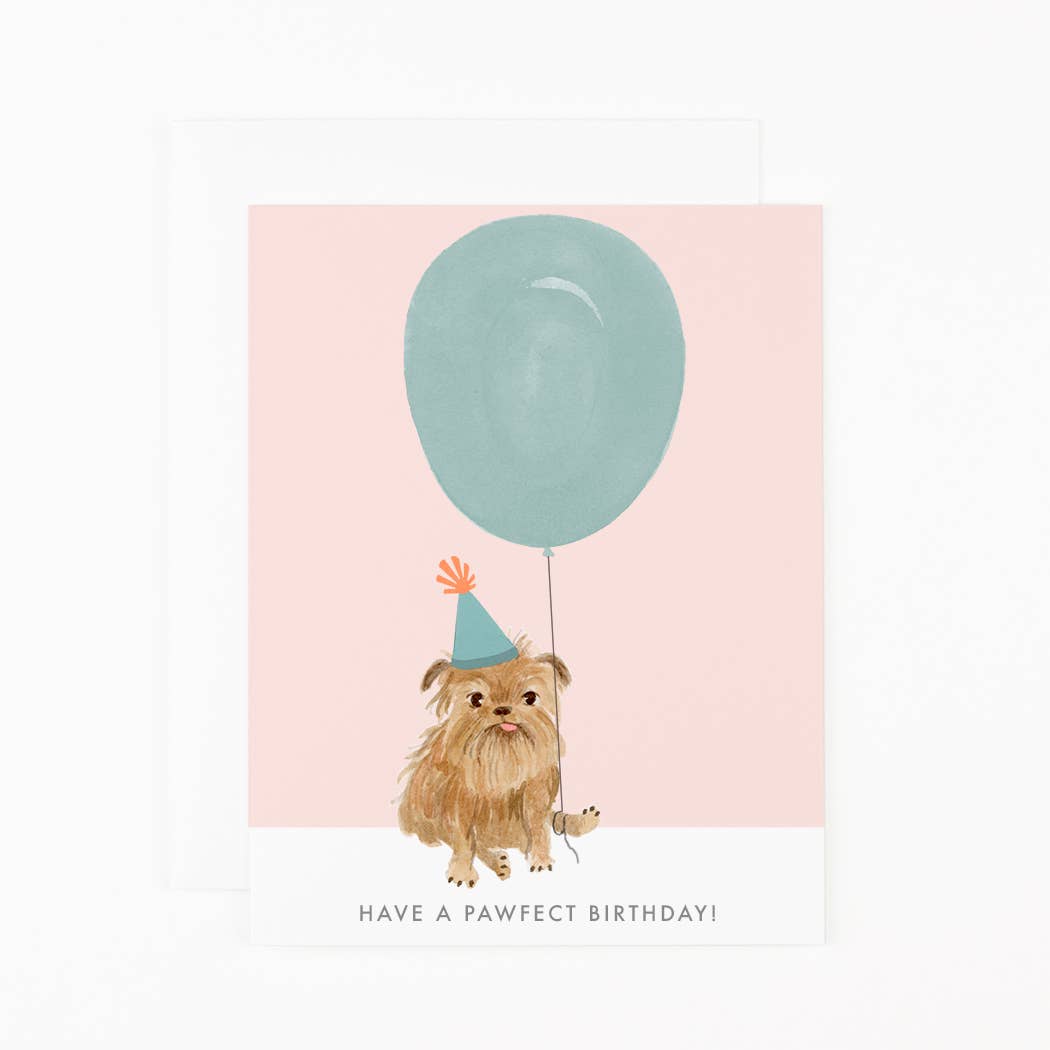 Illustration of a dog with a party hat and balloon on a pink background with text 'Have a pawfect birthday'.