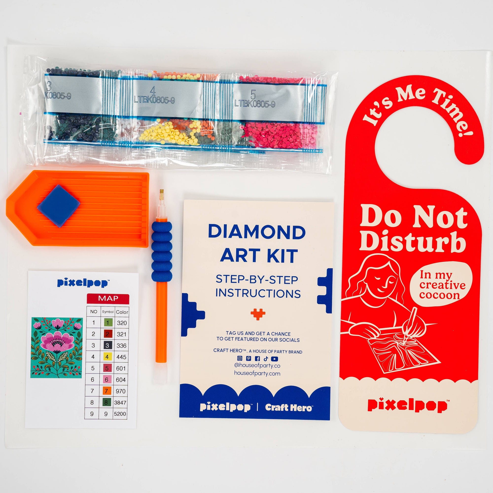 Diamond art kit with step-by-step instructions and 'Do Not Disturb' sign on a white background