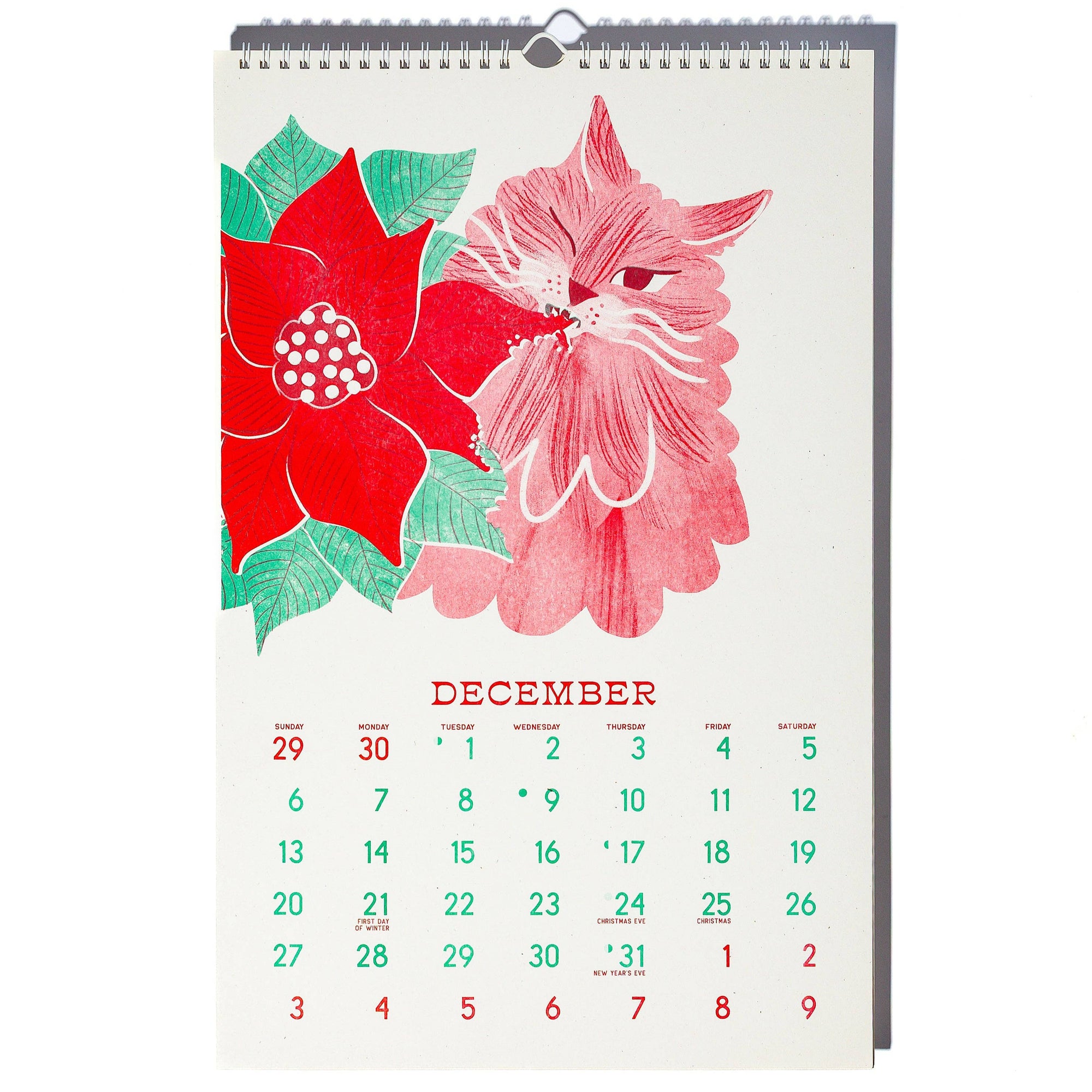 Wall calendar for December with floral design on a white background