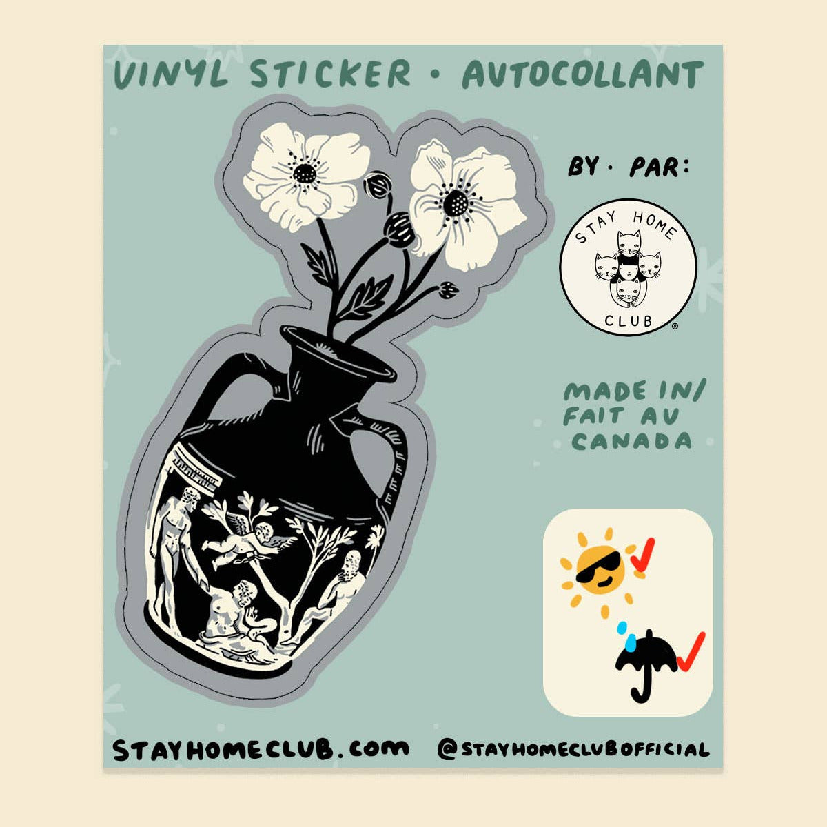 Vinyl sticker with floral design and branding on a light blue background