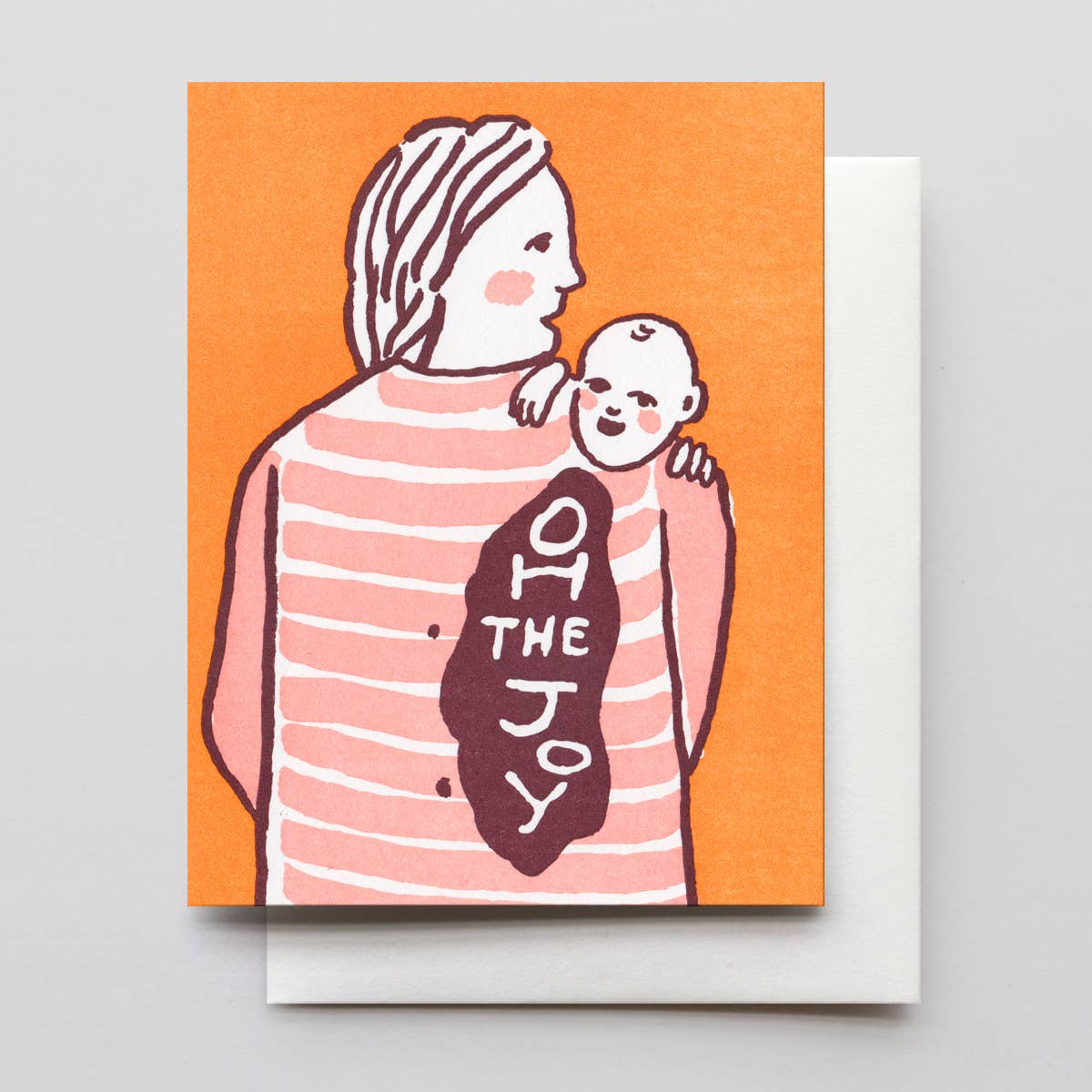 Card with illustration of a mother holding a baby and 'Oh The Joy' text on an orange background