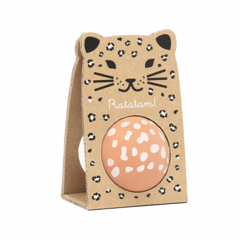 Cartoon leopard-shaped cardboard box with a pink ball inside on a white background