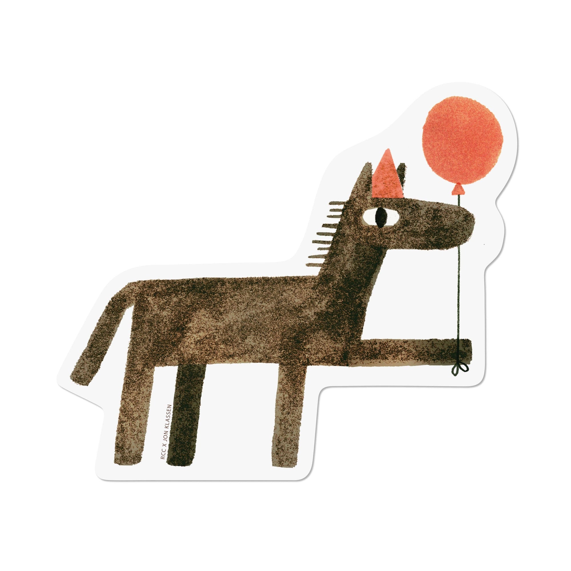 Illustration of a donkey holding a red balloon on a white background