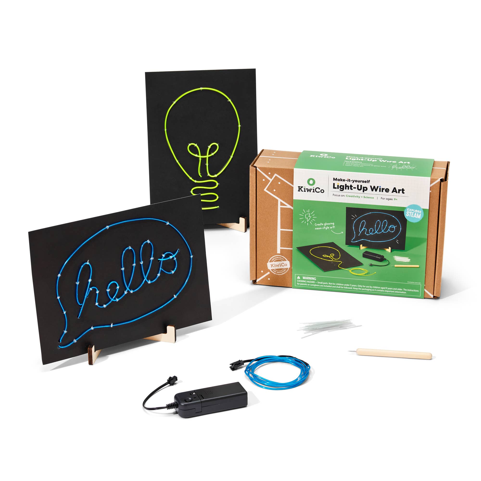 Light-up wire art kit with 'hello' and light bulb designs, packaging, and components on a white background.