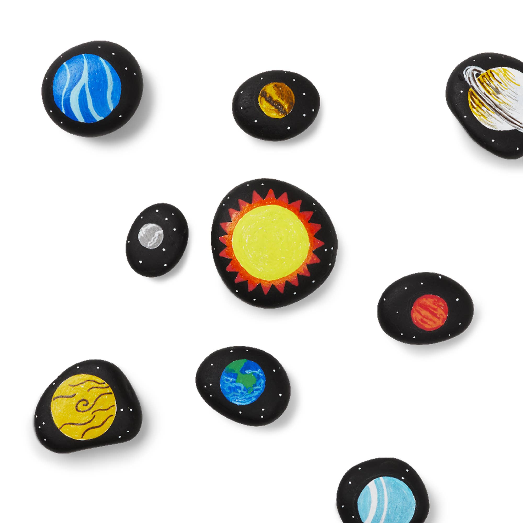 A set of hand-painted decorative stones shaped like solar system planets and the sun, displayed on a clean white background.