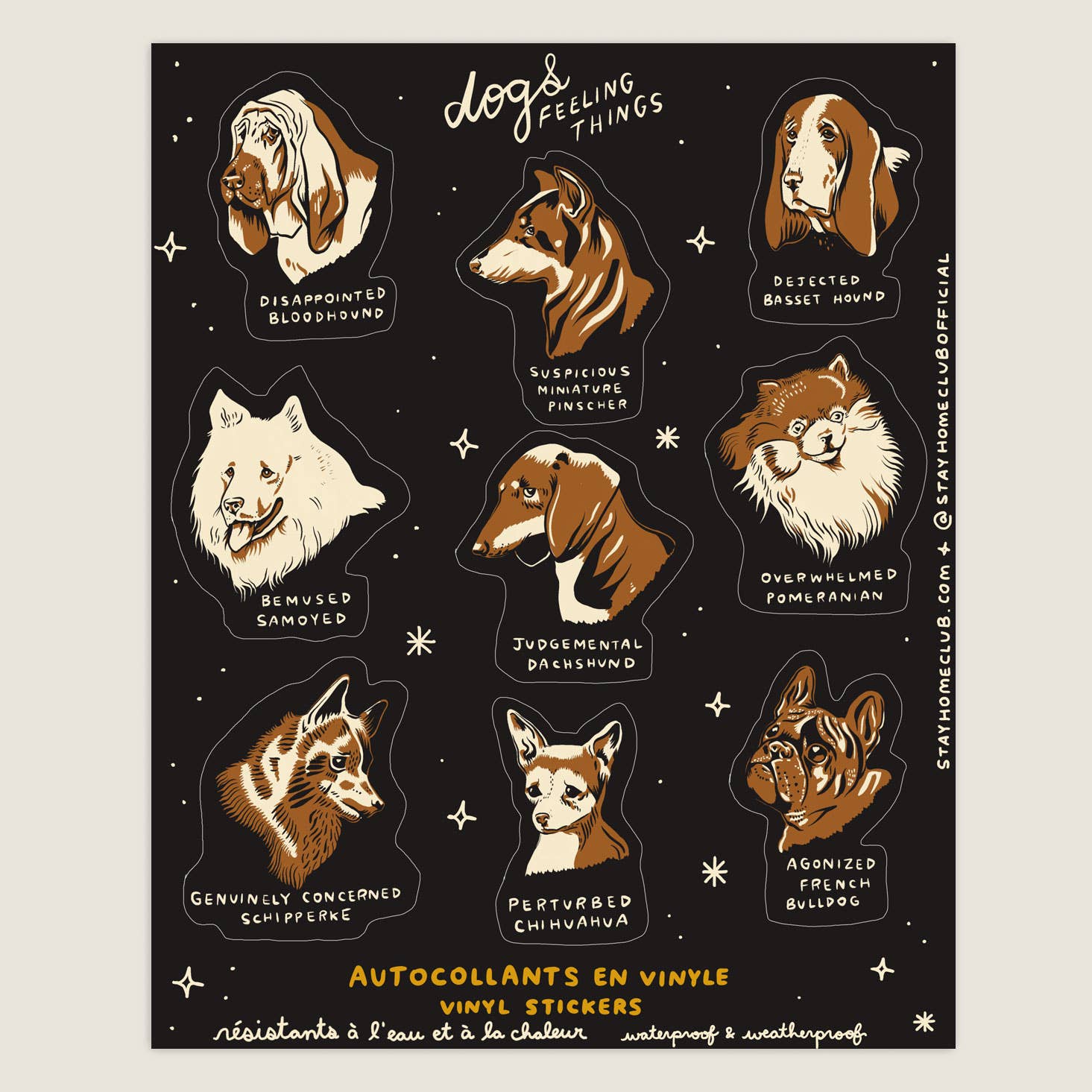 Sticker sheet with illustrated dogs and humorous labels on a black background