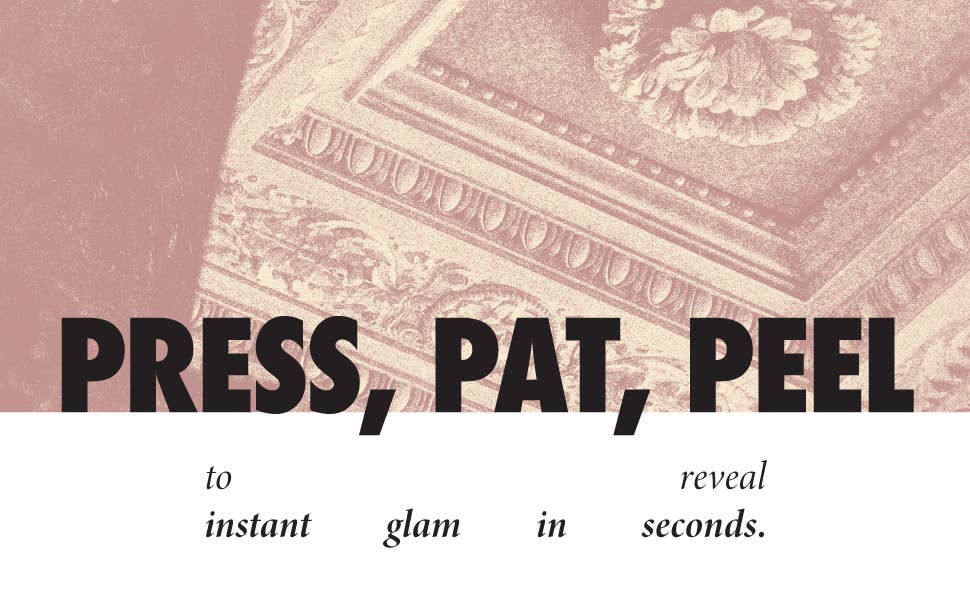 Product packaging with text 'Press, Pat, Peel' on a decorative background